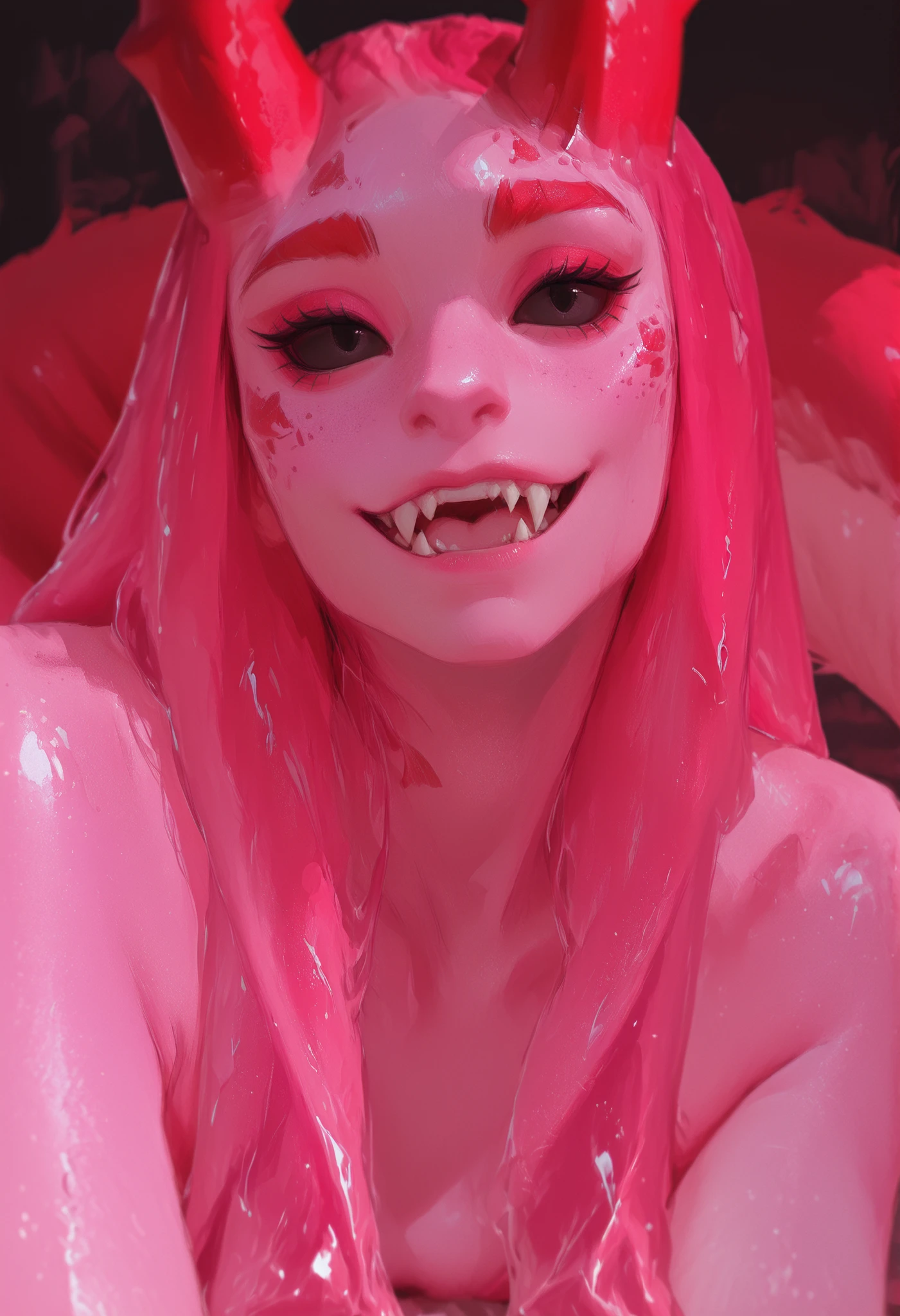 solo, close-up portrait, girl, pink skin, very long watery-liquid hair, fangs, black eyes with no visible sclera, red horns on top of her head, smooth skin long thick tail covered with red fur at the tip.
