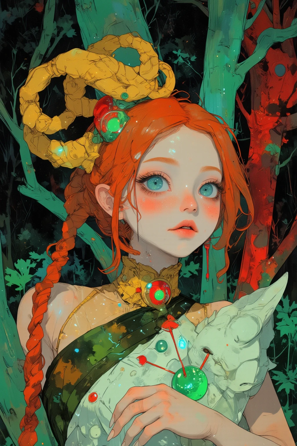 鮮やかなgreenい瞳の女性が描かれた精緻なイラスト,Her hair is bright orange-red,has multiple braids、Each one is yellow、green、green、and red threads are intertwined,The braids come together and are connected to a red sun-like decoration in the center, her expression is gentle ,Her lips are slightly open and make you feel curious and thoughtful,彼女はタコの触手を思わせる華やかな渦巻き模Mr.の太い輪郭と円形のアクセントで装飾された奇妙なドレスを着ています,The background creates a fantastic and dreamy atmosphere in a deep forest,Mr.々な種類のgreenの森,emerald jewels shine on both her hands,with careful attention to detail,fantasy and elegance are mixed,暖色系と暗い森林のgreenきらめく背景が美しく対比, anime moe art style, Cute Core, cute art style,  cute anime , Official Artwork, evokes a sense of magic and wonder,Dreamy psychedelic anime, Anime Art Nouveau, space display , animated film, Mysterious still images