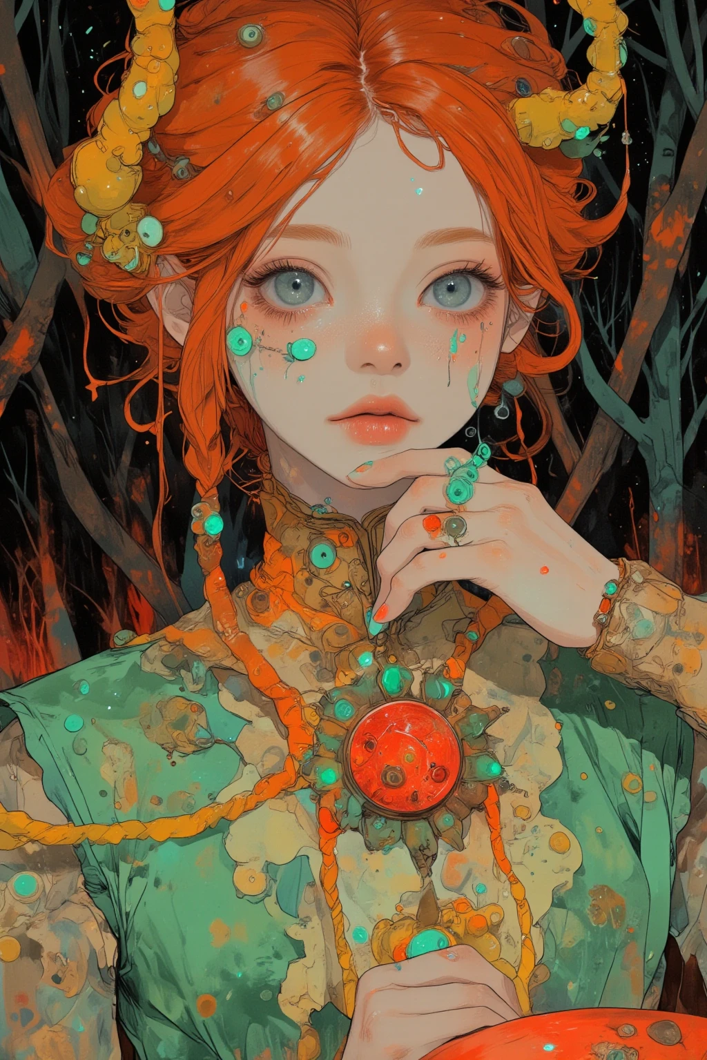鮮やかなgreenい瞳の女性が描かれた精緻なイラスト,Her hair is bright orange-red,has multiple braids、Each one is yellow、green、green、and red threads are intertwined,The braids come together and are connected to a red sun-like decoration in the center, her expression is gentle ,Her lips are slightly open and make you feel curious and thoughtful,彼女はタコの触手を思わせる華やかな渦巻き模Mr.の太い輪郭と円形のアクセントで装飾された奇妙なドレスを着ています,The background creates a fantastic and dreamy atmosphere in a deep forest,Mr.々な種類のgreenの森,emerald jewels shine on both her hands,with careful attention to detail,fantasy and elegance are mixed,暖色系と暗い森林のgreenきらめく背景が美しく対比, anime moe art style, Cute Core, cute art style,  cute anime , Official Artwork, evokes a sense of magic and wonder,Dreamy psychedelic anime, Anime Art Nouveau, space display , animated film, Mysterious still images