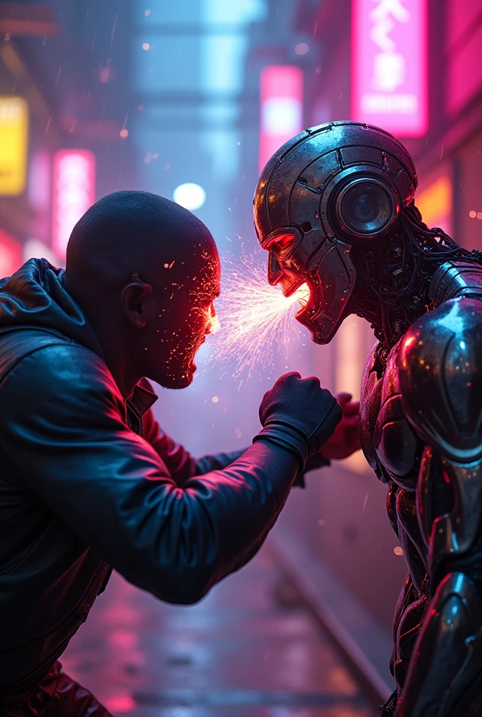 Rapist and evil pitbulldogman with red eyes with bleach hair with blue suit kill Vegeta in cyber punk in neoncity during night with neon red and blue light