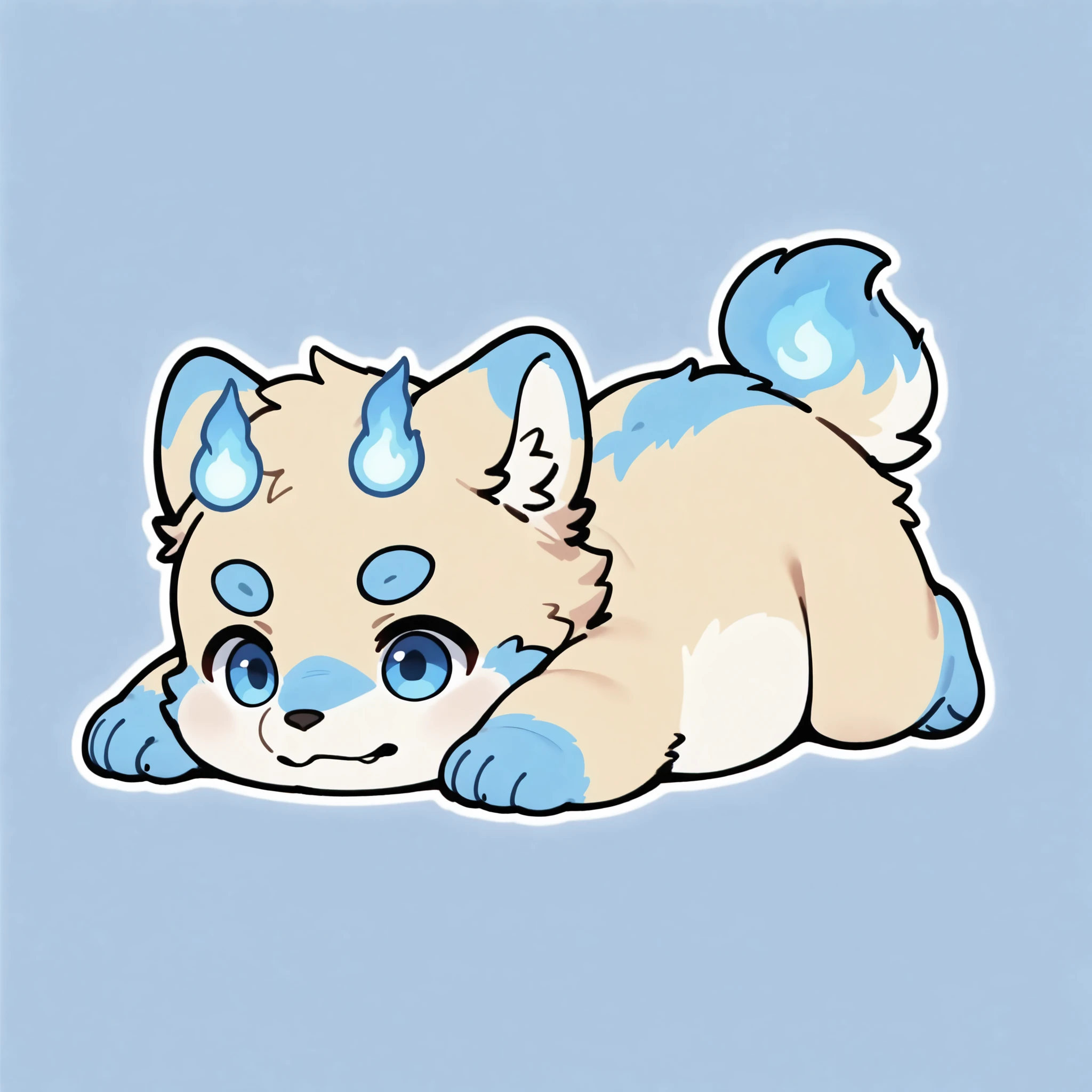 portrait, solo, male, solo, botailang,overweight,blue eyes, young, fur, tail,chibi, lying-on-back,chibi,blue hand,blue fire,