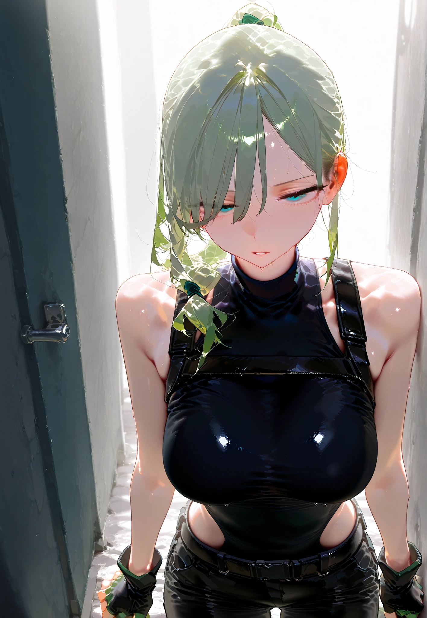 (beste-Qualit, 8K, 12), 1 girl, tatsumaki, Short Hair Hair, green hair, giant breast, the perfect body, ultra detail face, detailed lips, Slender Eyes, black dress, standingn, enticing, Excited, convex areolas, in heat, Milf, steam, Sex, trembling, , Looking Up, From directly above, ahegao, sperm on face, Wet