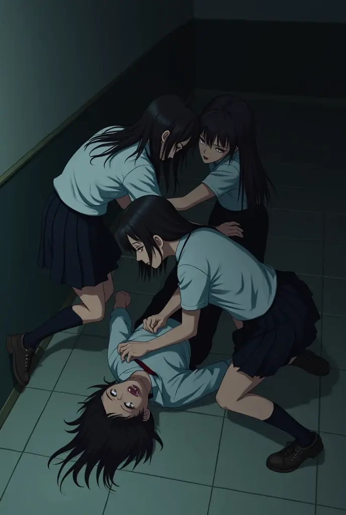 Group of school girls in long black skirts killing and strangling a boy on the floor in anime