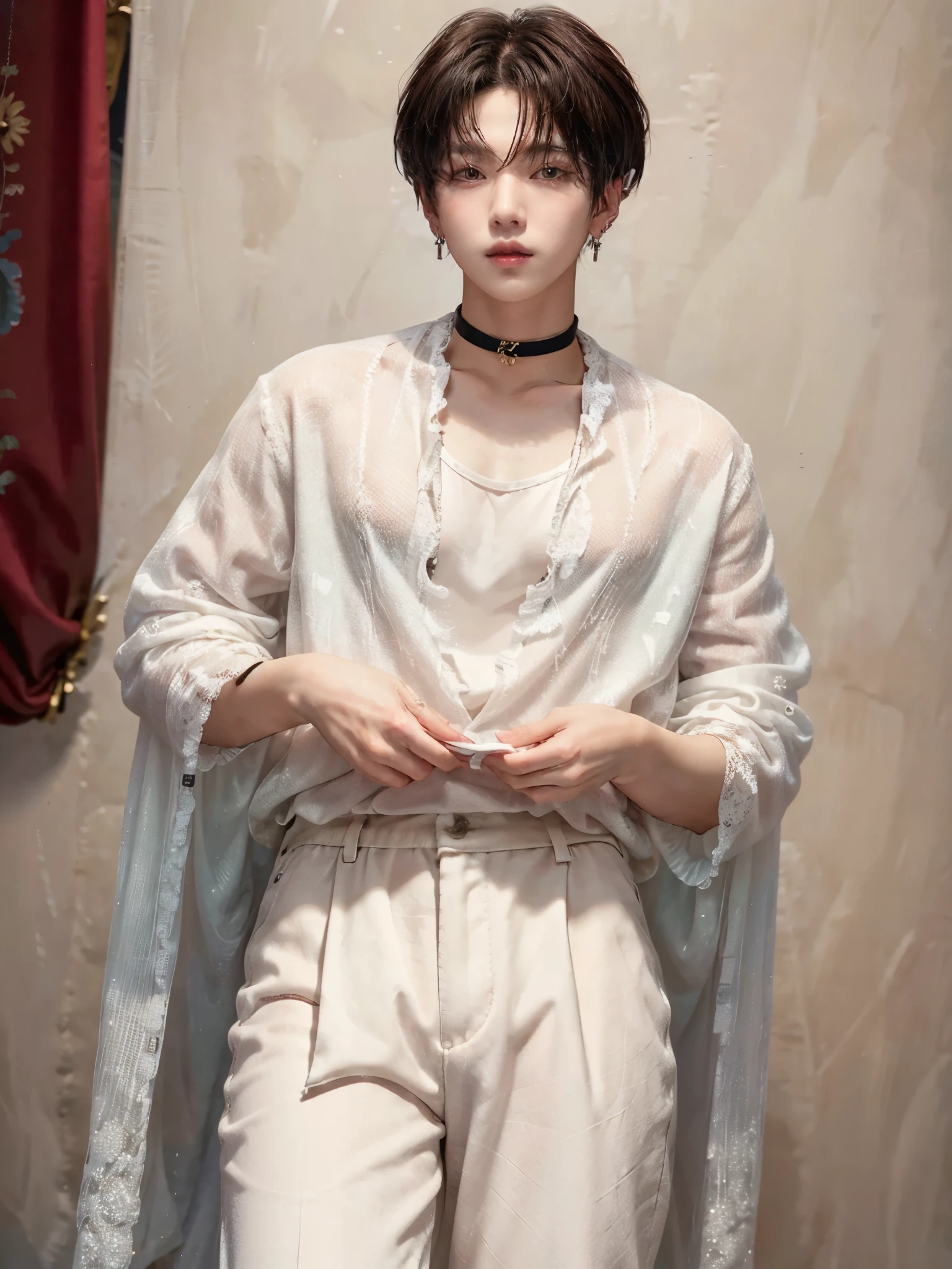 (4K)) (( very high quality )) (( white background)) ((trousers)) Азиатский парень Standing straight — участник K-pop группы, young member of the group. He has soft facial features., with expressiveness, with dark Asian eyes ,. his fair , , which emphasizes his youth and freshness. medium length hair , usually fits into loose waves, Top giving his image a natural look. Hair color warm brown , which emphasizes his soft image. His lips are slightly full., with a natural pink tint, which adds even more charm to him. He wears Top : Black matte bomber , worn over a white sweater .
through: Deep black skinny jeans. ((looks at me)) ((hands are relaxed)) ((full length pose)) (( white background)) (( stands straight )) ((accessories )) ((choker)) ((earrings))