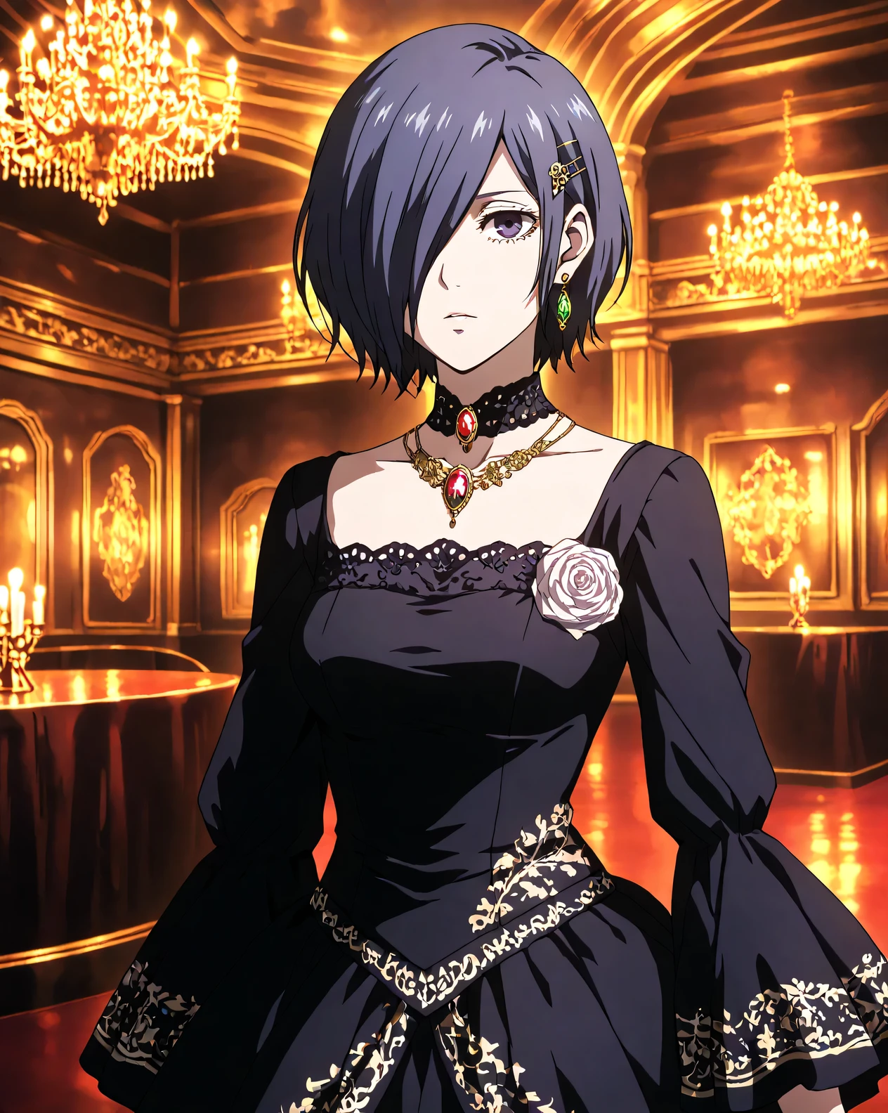 highly detailed, ultra-detailed, finely crafted features, soft lighting, (( kirishima Touka)), anime girl with ((short dark blue-purple hair covering the left eye )), inspired by Tokyo Ghoul style, elegant face, smooth complexion, deep blue-purple eye, wearing an ornate black dress richly decorated with fine embroidery and artistic patterns, luxurious fabric with subtle jewel embellishments, silver accessories around her neck including a detailed necklace with gemstones, elegant earrings and hairpins, waist design featuring a rose-shaped ornament, placed in a grand classical concert hall with warm glowing lights, refined and majestic atmosphere