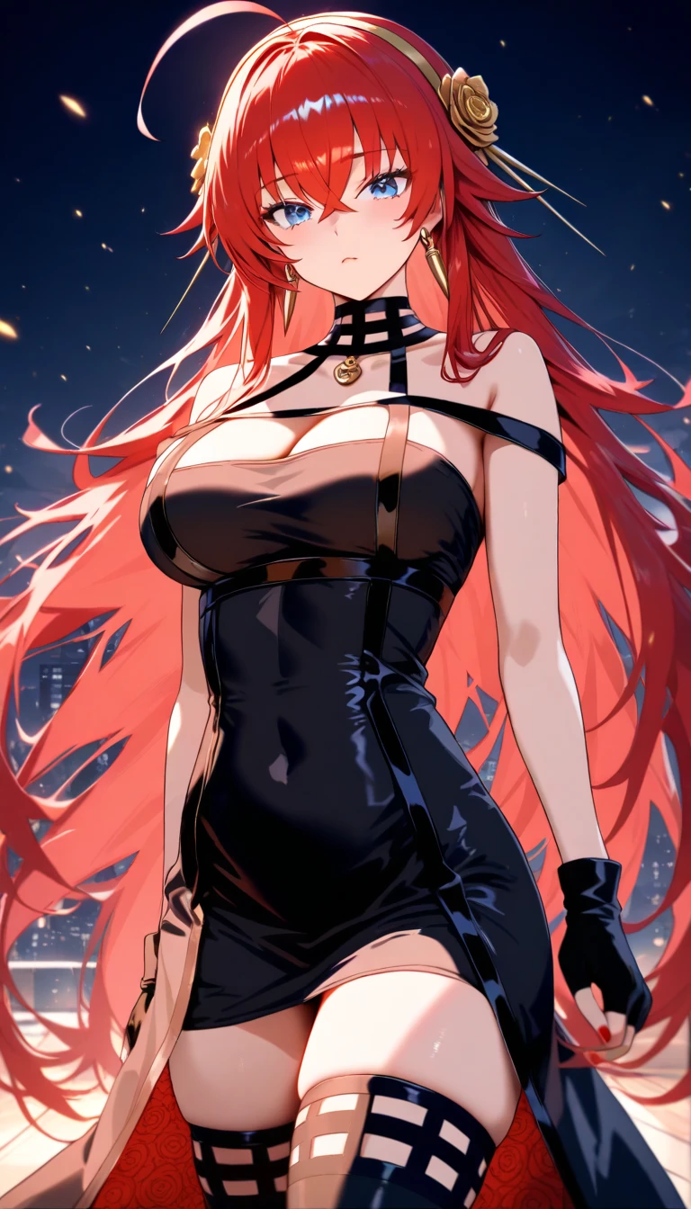 [redbowsette], [Princess_Peach], [Uploaded to rule34.xxx; (suoiresnu), (nekololisama)], ((masterpiece)), ((HD)), ((solo portrait)), ((front view)), ((lower angle view)), ((anime)), ((beautiful render art)), ((detailed shading)), ((intricate detail)), {bowsette; dark skin, cute red eyes, long eyelashes, long red hair, (gorgeous wide hips), (beautiful muscular legs), (thick thighs), (defined arm muscles), (smug smirk), (angry), (sharp white teeth)}, {(short black dress), (spike bracers), (spike choker), (red pendant on chest), (spike red earrings), (black heels), (super crown), (fishnet pantyhose), (upskirt black panties)}, {(standing), (looking at viewer), (dynamic pose)}, [Background; (castle ruins), (Volcano), (dark starry sky), (lava), (smoke)]