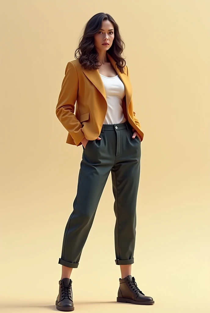 Frontal view , Portrait of physical therapist smiling , blue background editorial style highdefinition ultrarealistic details in the style of portrait photography,Analog film photography solo, gstyle, realistic, ((man)), (((short hair))), (((happy 512))), ((((_Suit shirt:1.4),(Wide legs_jumpsuit:1.3),(There is a strap._Heel:1.2),(relax_background:1.4)))), ((Simple Light Orange background:1.5)), ((dynamic gesture)), Highly detailed, 8ก, clear facial features,