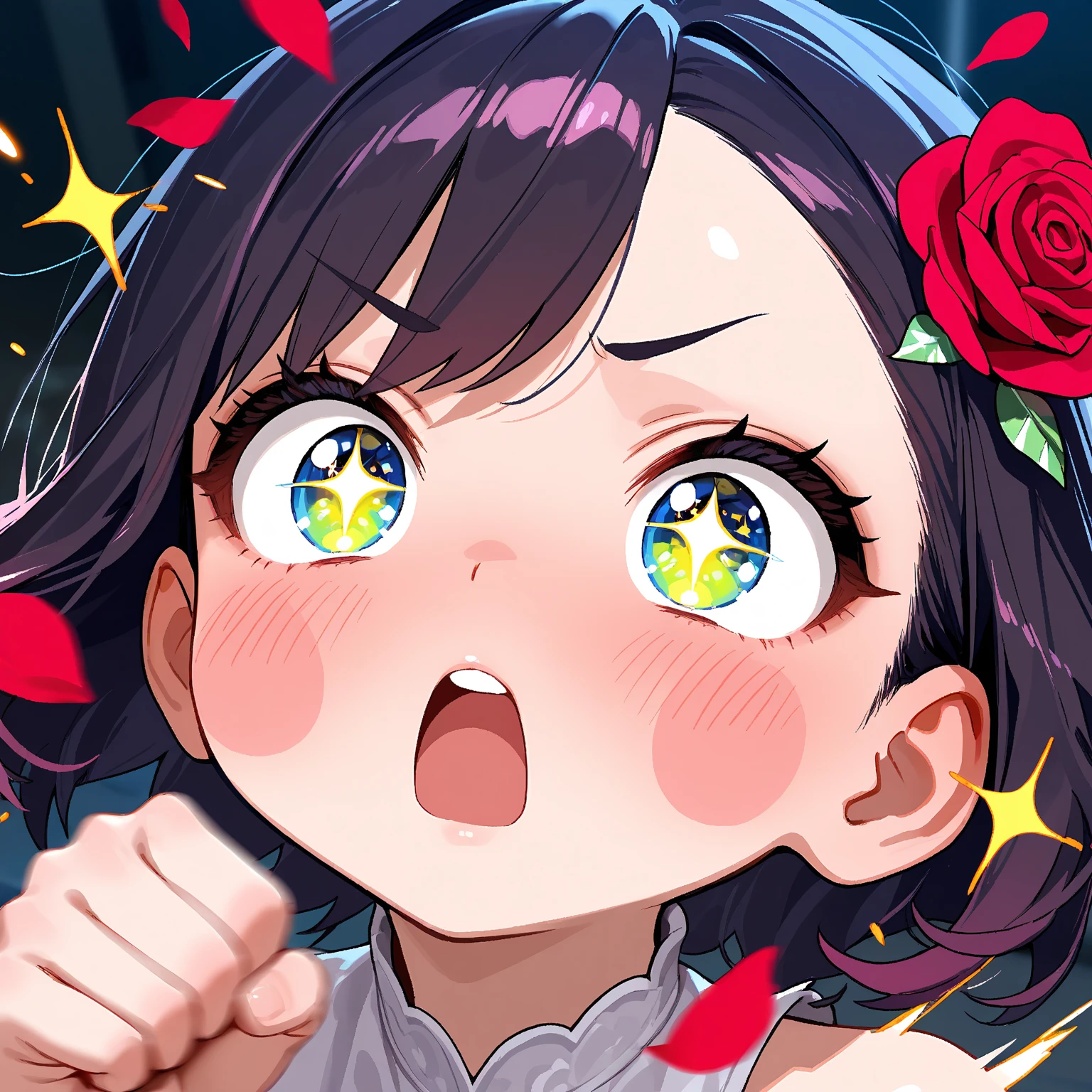 masterpiece_portrait, high quality, canvas, anime_art_style, cartoon,year 2014,fate kaleid liner prisma illya, mimi katsura, asymmetrical bangs, gemstone, blue gemstone, star hair ornament, one side up, 1girl, solo, navel, blush, tears, purple eyes, armpits, hair ornament, open mouth, star (symbol), smile, midriff, crying, detached sleeves, brown hair, looking at viewer, star hair ornament, short hair, one side up, crying with eyes open, bare shoulders, strapless, collarbone, arms behind head, upper body, Empty eyes <lora:add_detail:0.6><lora:hyperdetailer_v095:0.4> <lora:mimi_katsura_magical_girl_vol._5:0.8>