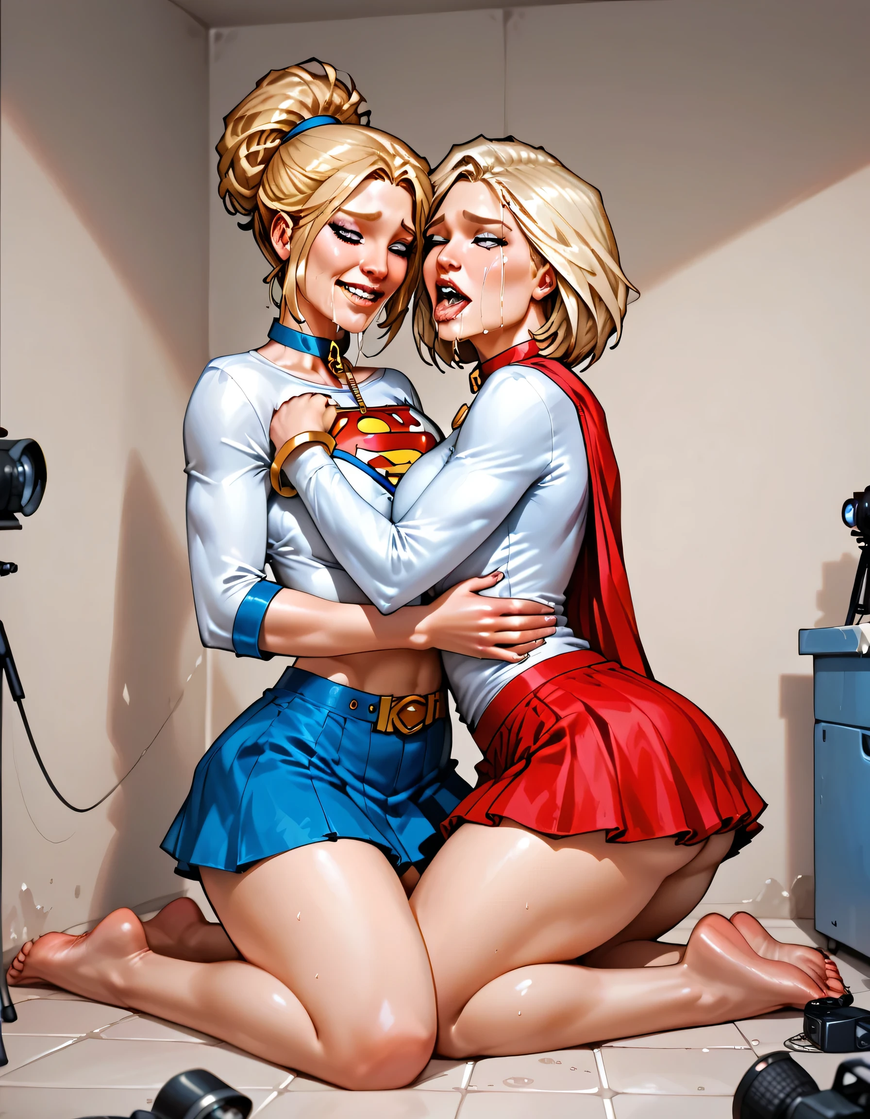 obra-prima, best quality, 2 s, Two plus-size women in Supergirl and Powergirl uniforms, in a prision bathroom, paredes de pedra, cameras filming. beijo, hug, (On the wall ), (suor:1.2), par, (corar), (trace of saliva), big ass, calcinha rendada rasgada, skirt raised, meias altas, ligas, Salto alto, prominent nipple. Kneeling lightly, expression of defeat, expression of submission , crying a lot, handcuffs on feet , handcuffs on hands, neck collar.