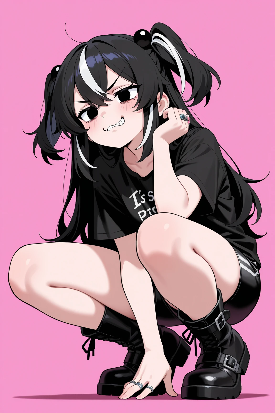 1 girl,heart-shaped pupils, hand on hips, (black hair), (purple eyes), long hair, (((long hime hair))) (blush:1.1), Upper body, trembling, Sweat, Sweatdrop, heart, (speed line:1.1), ((Flat milk)), ((heavy breathing:1.3)), like, heart, angry look, Yandere, ((LOLI)), ((jagged teeth)), small breasts, (Black military cap), ((black jacket)), off shoulder, ((shiny latex black tube top)), ((strapless)), shiny, ((mini pencil skirt)), cowboy shot, ((hime hair)), hime cut, hime haircut, hime style, black off shoulder jacket, ((tsundere))