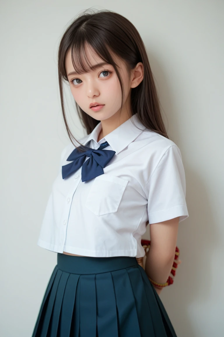 ((highest quality, masterpiece :1.3)), Photorealistic、Ultra-high resolution、Natural skin texture、Hyperrealism、Photograph from the knee up、15 year old Japanese beautiful girl、Twin tail hair、well-shaped breasts、Tight white collared shirt and tie、mini skirt、Angry expression、My eyes are watering