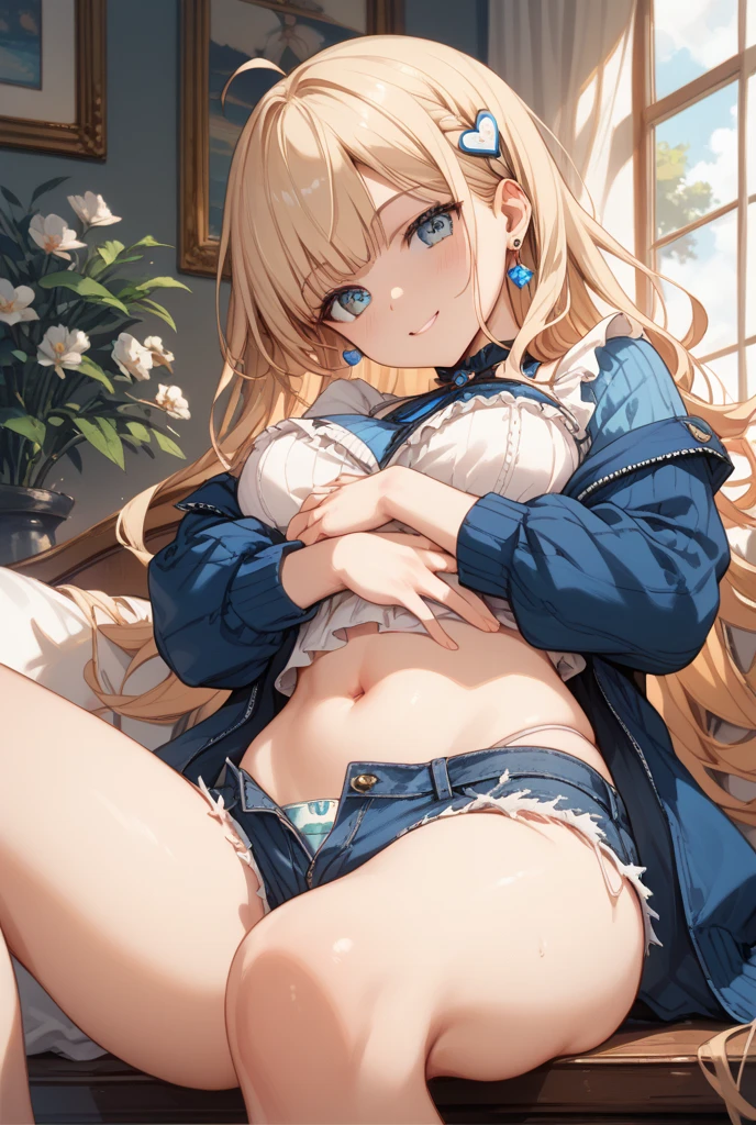 delicate,masterpiece, highest quality, pretty girl, 16 ,Small breasts,Tiny Butt Hair Scrunchie, Denim pencil frill mini skirt, Flashy Pantyhose, Leg belt, necklace,sit, skinny , Beige is good,((Showing off her beige panties))