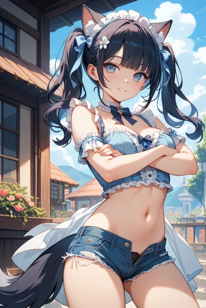 8K, Attractive, intensely detailed, 20 Year Old Girl, sexy and attractive woman with dark, black hair. She has beautiful sky-blue eyes with a heart inside. She is dressed in white, short and unbuttoned shirt. She is wearing a blue miniskirt. Her skirt is lifted up, and from under the skirt we see sexy, black lace panties with bow.