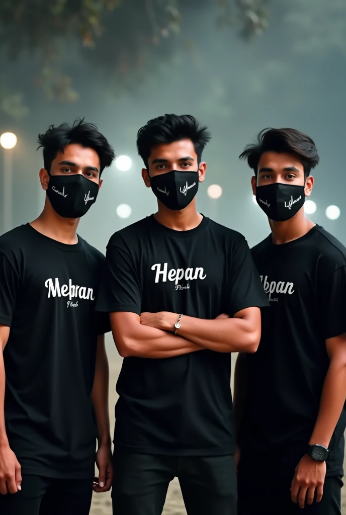 There are 5 boys they are wearing black shirt and white pant they are sit on a sport bike in a line their name is Adarsh, Vasu, Arnav, kanha, Kartik their name is written on their Shirt. In their background there are Project written
