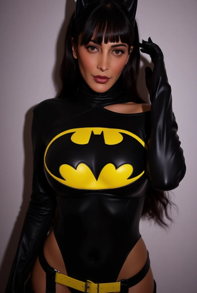 chica con sonrisa cautivadora, ojos expresivo que reflejan confianza cabello sedoso, captivating look curvy figure batgirl