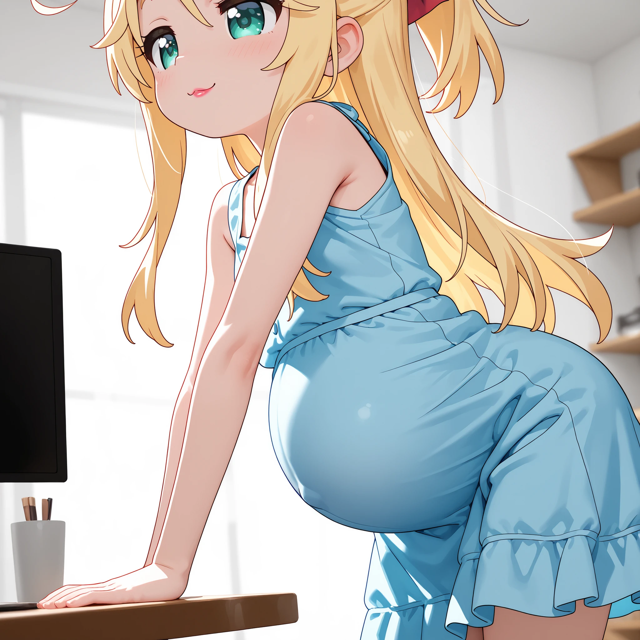 sharp focus, best quality, amazing quality, very aesthetic, soft focus ,small girl ,soft skin .soft body ,Light brightness,3d,3d body ,, very cute, cute, small face ,cute eyes ,cute face,(Noa Himesaka:1, blonde hair, long hair,, ((lipstick))(rain dress), pregnancy, pregnant. Solo, 1girl, character alone. Only one character, only underwear, 