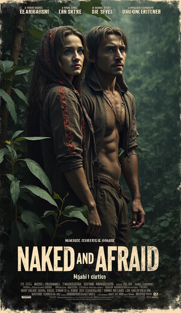 Create a mascular traditional man standing in the middle of the tropical forest holding a bow and arrow and on his chest has a tattoo name TUFFII and beside him was his beautiful cute wife standing beside him putting her head on his shoulder and on her arm was a tattoo name WAFFII