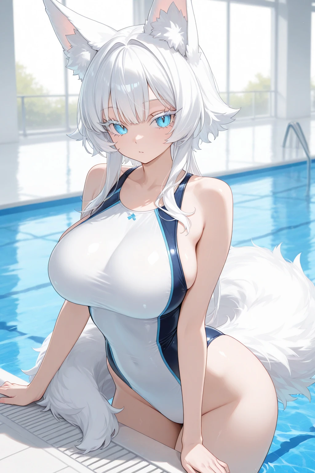 best quality, best resolution, (fluffy anthro furry), arctic fox girl, silver hair, blue eyes, (white fur), long straight hair, big breast, sophisticated manner, (skin tight pure dark blue one piece swimsuit that is torn to shreds), sitting in water, legs cross, indoor schoolpool, sun rays, wet, shocked
