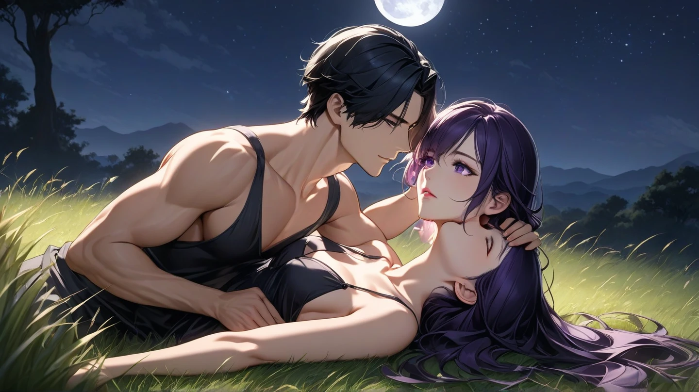 Couple having sex, 1 girl 1 boy, different hair color, long black hair and purple eyes, short brown hair and grey eyes, romance, lie on the ground, watching stars, man on knees, man nude, girl nude, girl on all fours, man penetratig girl from behind, hands on ass, show genitals, show man penis in girls vagina