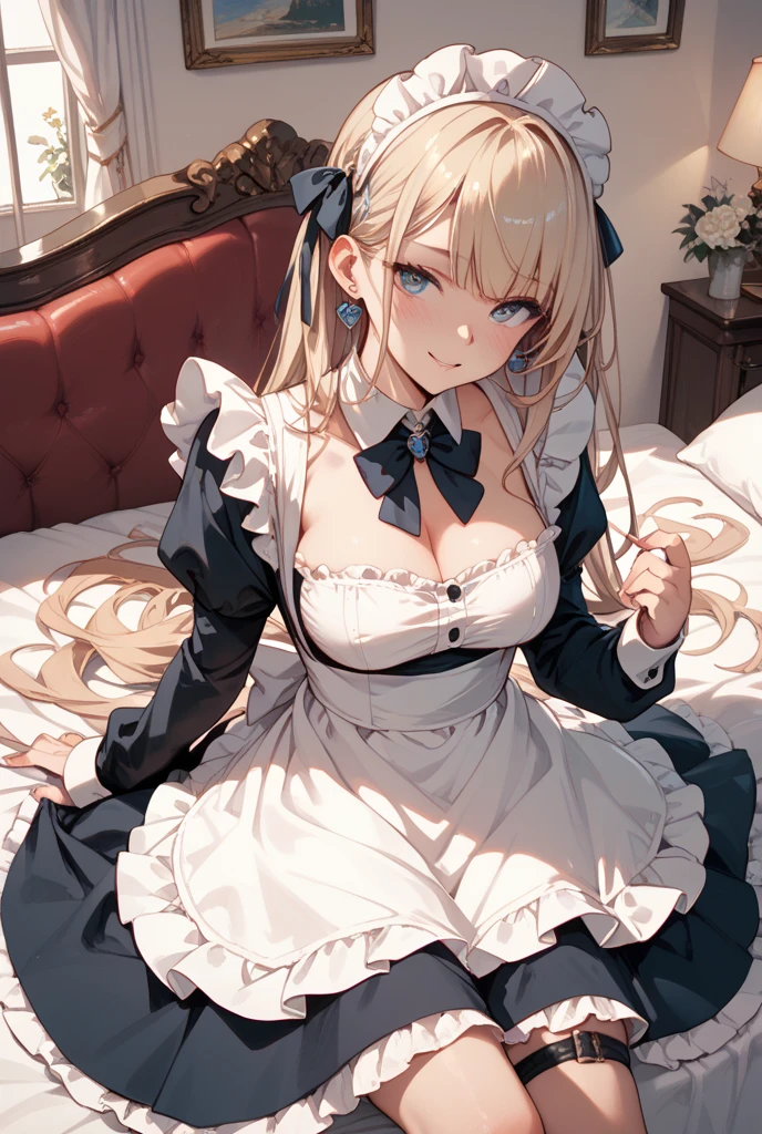masterpiece, best quality, ultra detailed, sparkling eyes, (((cum on breast))), Lots of sperm on her big breasts, huge breasts, (((bare breasts))), breast squeeze, (((nsfw))), (((vaginal,sex))), sweat, steam, The image depicts an anime-style character lying on a bed. The character is a sexy woman with long, flowing blonde hair and blue eyes. She is dressed in a maid outfit that consists of a black and white dress with a ruffled skirt, a white apron, and a black ribbon tied around her neck. The dress features a corset-like bodice with lace detailing and puffed sleeves. The maid outfit is adorned with various details, such as a headband with frills and a small, star-shaped accessory on the left side. The character is resting her head on a pillow, looking directly at the viewer with a gentle smile and a slightly blushing face. Her pose is relaxed, with one hand resting near her face and the other hand placed on her waist. In the foreground, there is a closed book and a black case, possibly a briefcase or a storage box, suggesting a scene of leisure or rest after some work or study. The setting is warm and inviting, with soft lighting that highlights the character's features and the textures of the bed linens. The overall atmosphere is one of calmness and comfort