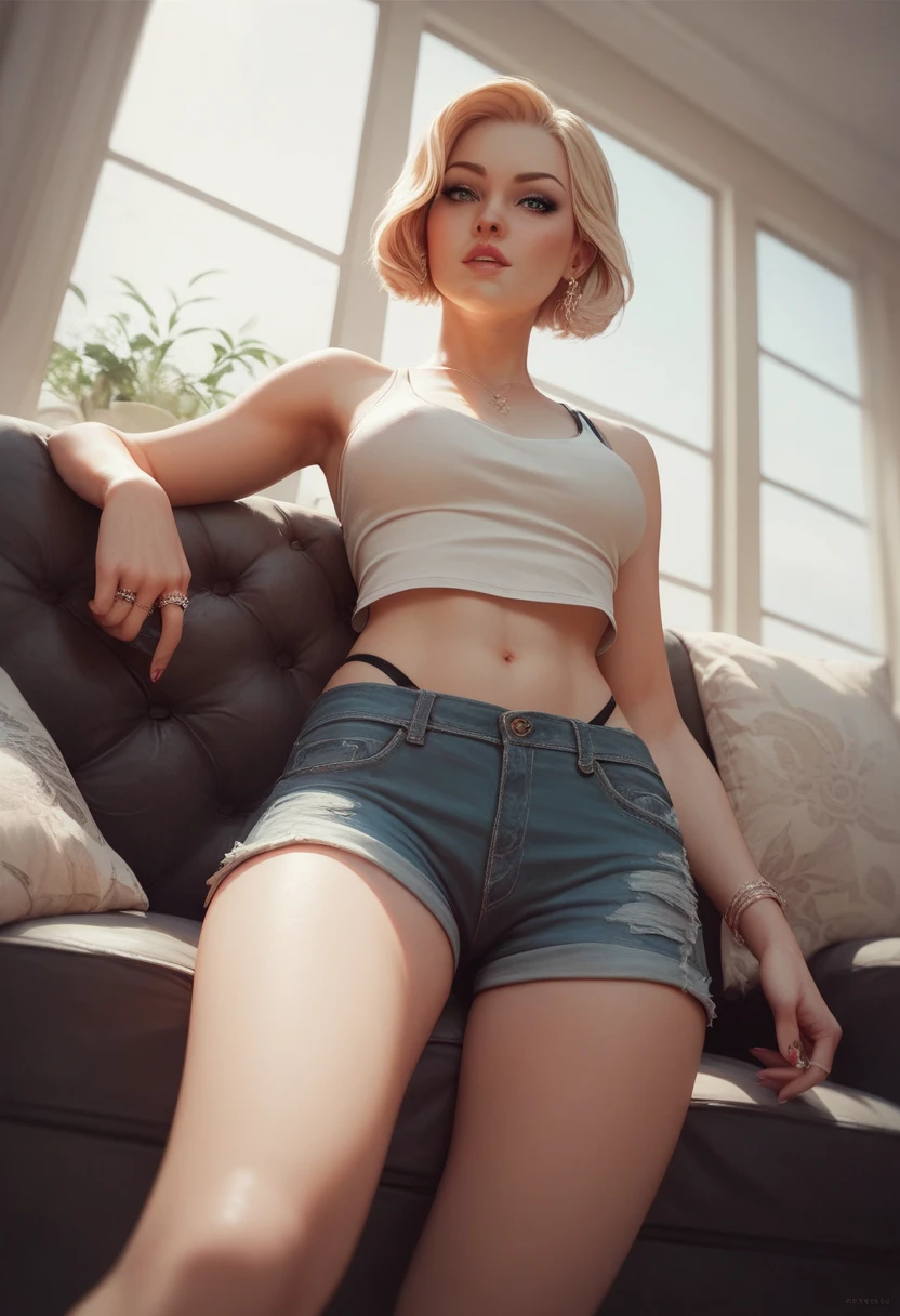 masterpiece, best quality, agrias, wearing a white t-shirt and black panties, sofa, she is looking in love at viewer, blonde hair, high leg, short hair, blue eyes, muscular, living room , age 20, sunglasses