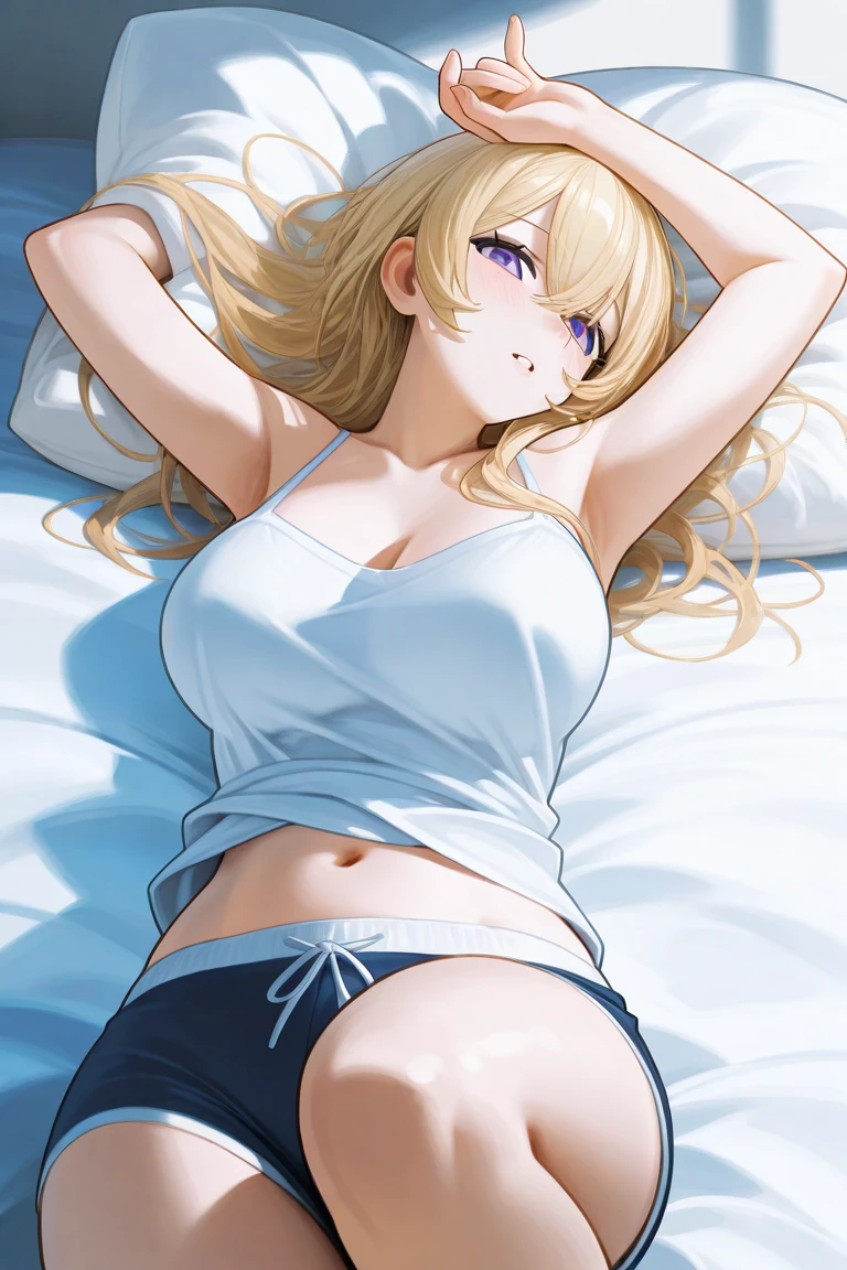 ((Masterpiece)), (Best Quality)), Illustrations, Lots of girls, Hair color, Bangs, Hairstyle fax, Portrait from the waist up, ((average breasts)), Tanned girl, Body details, T-shirt, T-back swimsuit, Girl, Dull long blonde hair, Blue eyes, Dull bangs, Lying on your back, Hands around your back, Close mouth, Hopelessness, Portrait of face taken from crotch,Zoom to crotch, sweat, breasts pushing up clothes, slapping your face on the buttocks, plastic bottles, wet mattresses, room with messy clothes, non-shiny swimsuit, separate swimwear