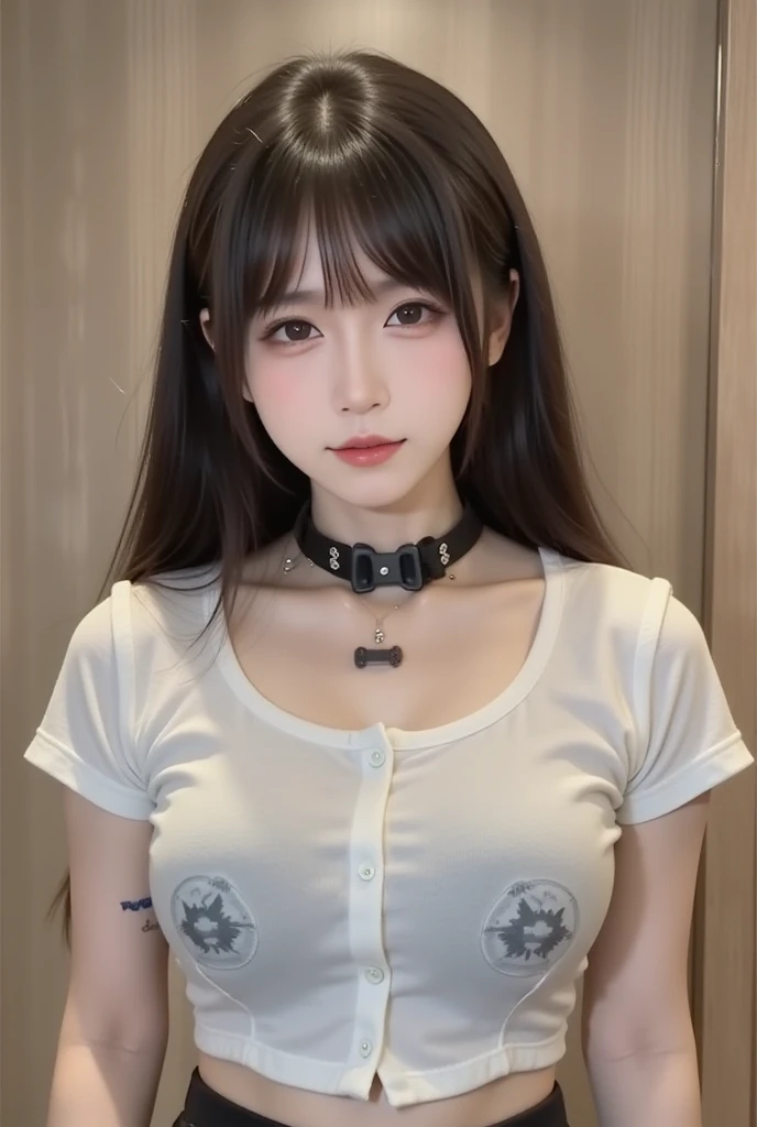 pastel colors t-shirt,off-shoulder look,bare shoulder,ollarbone,midriff peek,Tight Skirt,(open mouth:1.5),(tongue out:2),Kneeling,Standing Upright,Hands Behind Back,Collar with leash,Pull the leash,front view,face focus,from above(1girl,Beautiful 14 year old girl,teenager),((Slender,Small breasts,Small face,)),(looking at viewer),Black Hair,bangs,one side up,Beautiful and detailed,(Dimly lit room:1.5),White bed