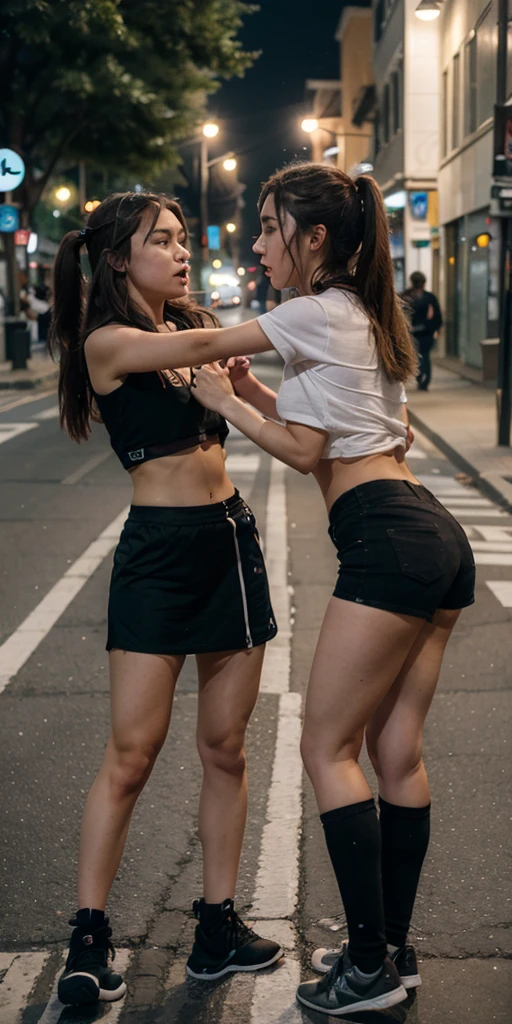 blue short skirt, cop, stripper, NY street, super high heels, ((fighting))