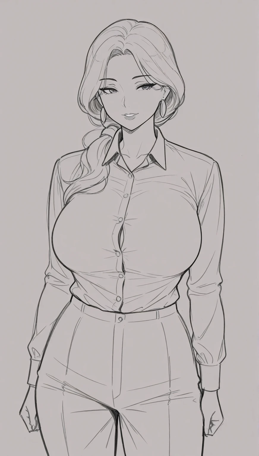 A large breasted woman wearing a white shirt and tie with her hands on her hips, ((Hands on hips:1.2),