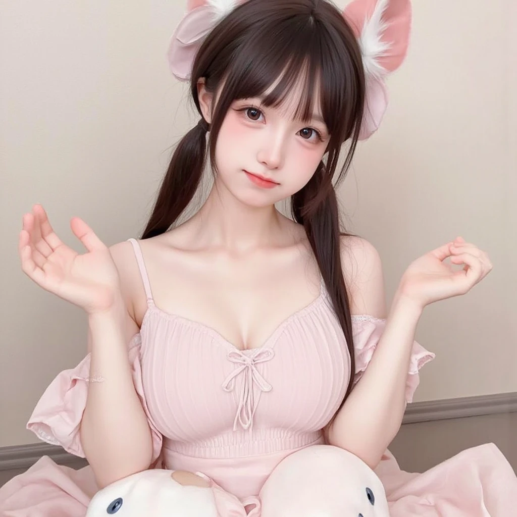 dress,animal ears,thighhighs,twintails,apron,cosplay,frilled choker, (best quality,Extremely detailed:1.2), ((I-type Valley)), ((Bare shoulders)), ((Visible cleavage)), ((full body)), Random scenes, Random shooting angles,Asian Models,beautiful,young,Chinese Beauty,Sitting,masterpiece,Delicate face,Slim body,Long legs