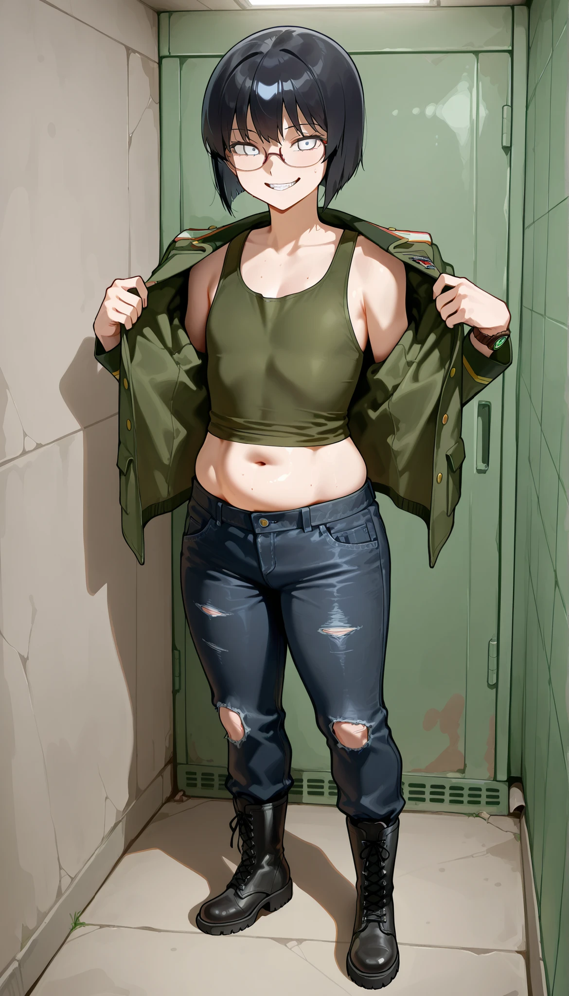 1girl, shiny skin, speedlines, perfect face, intricate details, score_9, score_8_up, score_7_up, rating_explicit, source_anime, Colored, Tomboy, dark skin, messy short hair, shiny black hair, golden yellow eyes, large breasts, Hourglass figure, Athletic body, Slim-fit body, Rural city, arm tattoo, midriff jacket, short sleeves, black tank top, blue short jeans, black thong, gray socks, black sneakers, full view
