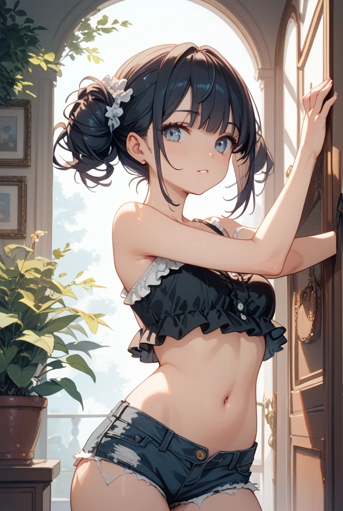 NSFW、In the best quality、Teenage girl standing in a room。In high resolution、Beautiful details、Quiet atmosphere。Black hair ponytail、Cute Smile.。Small breasts、Cute floral blue bra、Wearing cute floral blue panties。