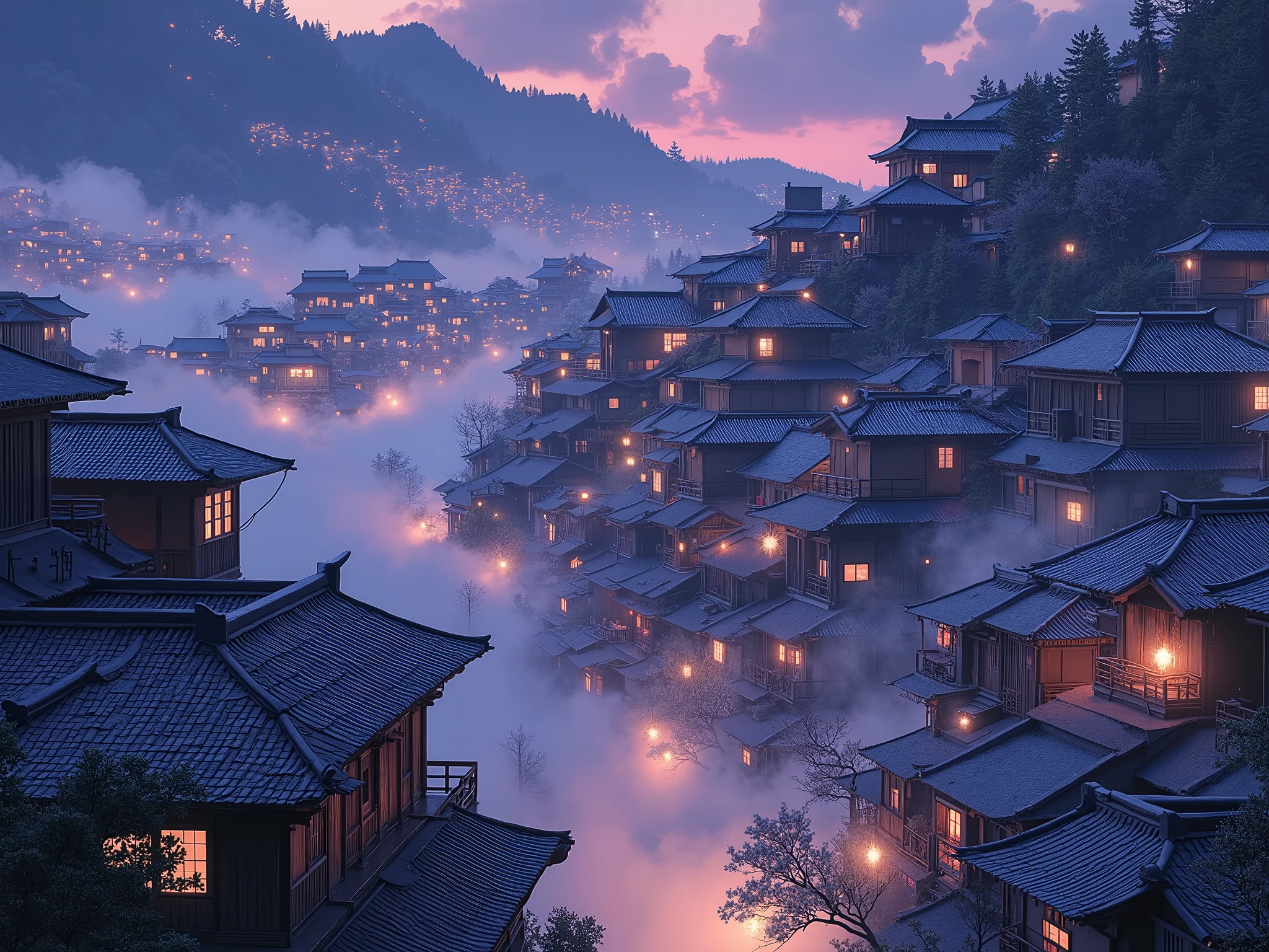 A fantastical night scene of a mist-covered Japanese mountain city. Traditional wooden buildings with tiled roofs densely line the slope, each glowing warmly through shoji-style windows. The atmosphere is serene and otherworldly. Subtle cyberpunk details—faint neon trims, holographic lanterns, and softly glowing cables—add a gentle futuristic touch without overwhelming the traditional feel. No people are present. The night sky fades from deep purple to indigo, and the entire scene glows with quiet magic. A hyper-detailed, 4K view blending realism, tradition, and soft sci-fi in a dreamlike cityscape.