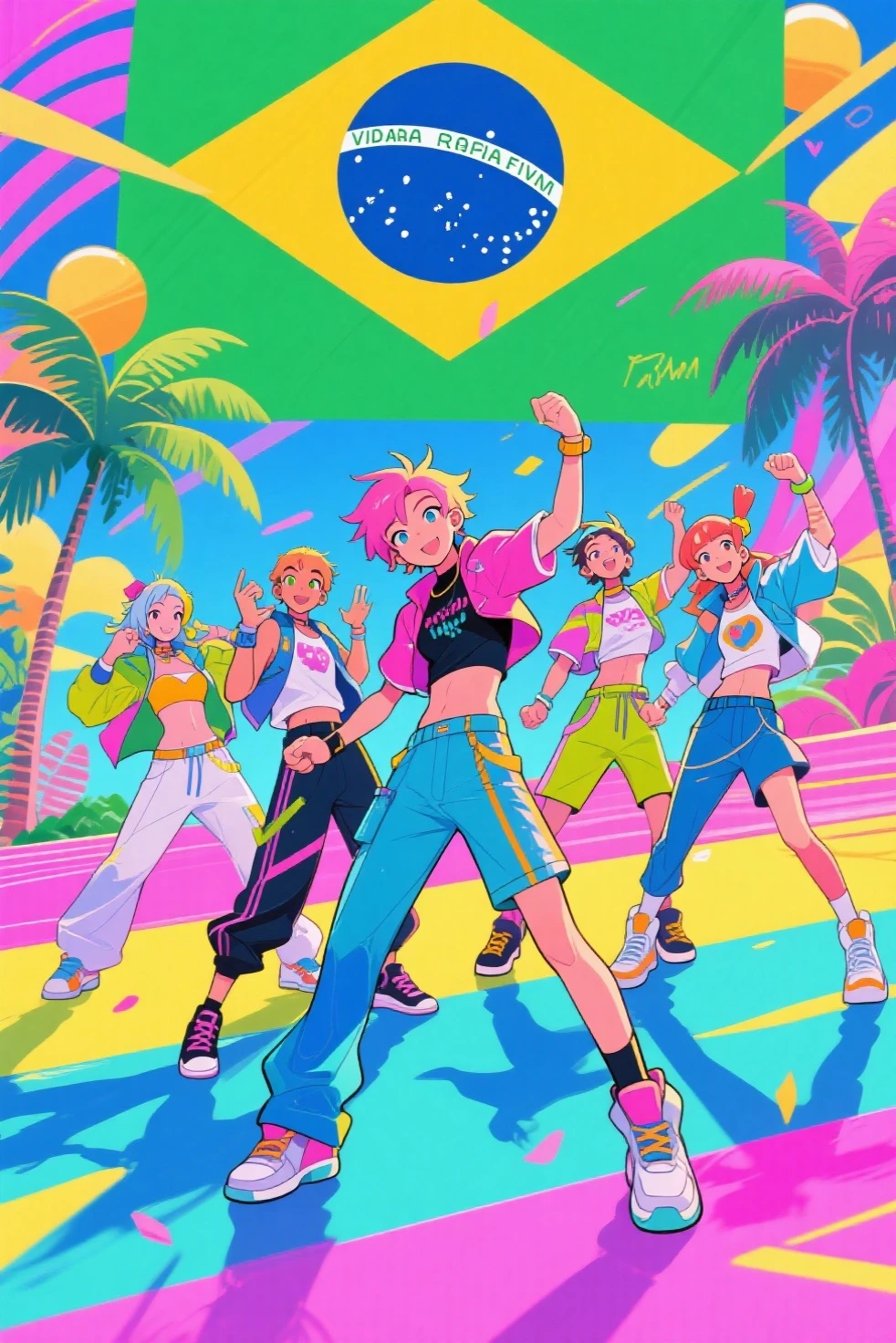 超detailed、Highest quality、masterpiece、cartoon、toned body、a girl、Toned Abs、Colorful Hair、short hair、detailed、Highest quality、masterpiece、Short top、Shorts、smile、headphone、gloves、mesugaki,Short stature、Colorful clothing、pop、Open Mouth、Double teeth