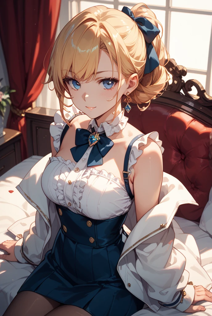((Illustration)), ((disheveled hair)), (Beautiful detailed eyes), full body,Blue eyes, Beautiful, amazing, Detailed eyes, Soft lips, deadpan, cleavage, Looking at Viewer ,Crawl on all fours Top down Bottom up ,on the bed, isometric, (((Realistic))), Photorealistic, Blonde hair, (Green Gem Necklace), long-one-piece dress, scarf,1girl in, Violet_Evergarden, Solo, Blonde_hair, long_sleeves, bow ribbon, Blue_Eyes, Jacket, white_Dress, hair_bow ribbon,White lace panties,White garter belt ,((female masturbation)) ,crotch grab ,grabbing on breasts ,nsfw,
