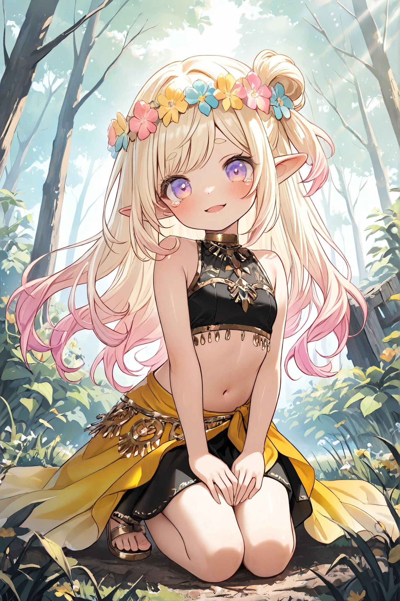 ((Masterpiece)), ((best quality, very aesthetic, absurdres, newest)), (wide shot), (8K), (cinematic lighting), ((1girl)), (cute young girl), (Healthy body, Textured skin, small breast, tilt head), elf ears, Glossy unruly hair, (beautiful blond hair, gradient hair, Pastel colors Hair Tip), (loose swept bangs, side bun), (put on noble head wreath), BREAK, big eyes, (cute cheeks), glossy lips, pouty lips, (lower eyelashes), ((Thin and short eyebrows)), (pale purple eyes, gradient eyes), colorful eyes, (sad smile, tears), open mouth, (Gold Embroidered Tribal black tubetop, medium sarong skirt), Cheesy sandals, bare arms, (Place hands on thighs), (colorful:1.2), (loose kneeling the Ruins with flowers and vegetation, Tranquil Place, rotten wood), outdoor, sultry, Beautiful landscape, wind blow, Scattered rubbles,