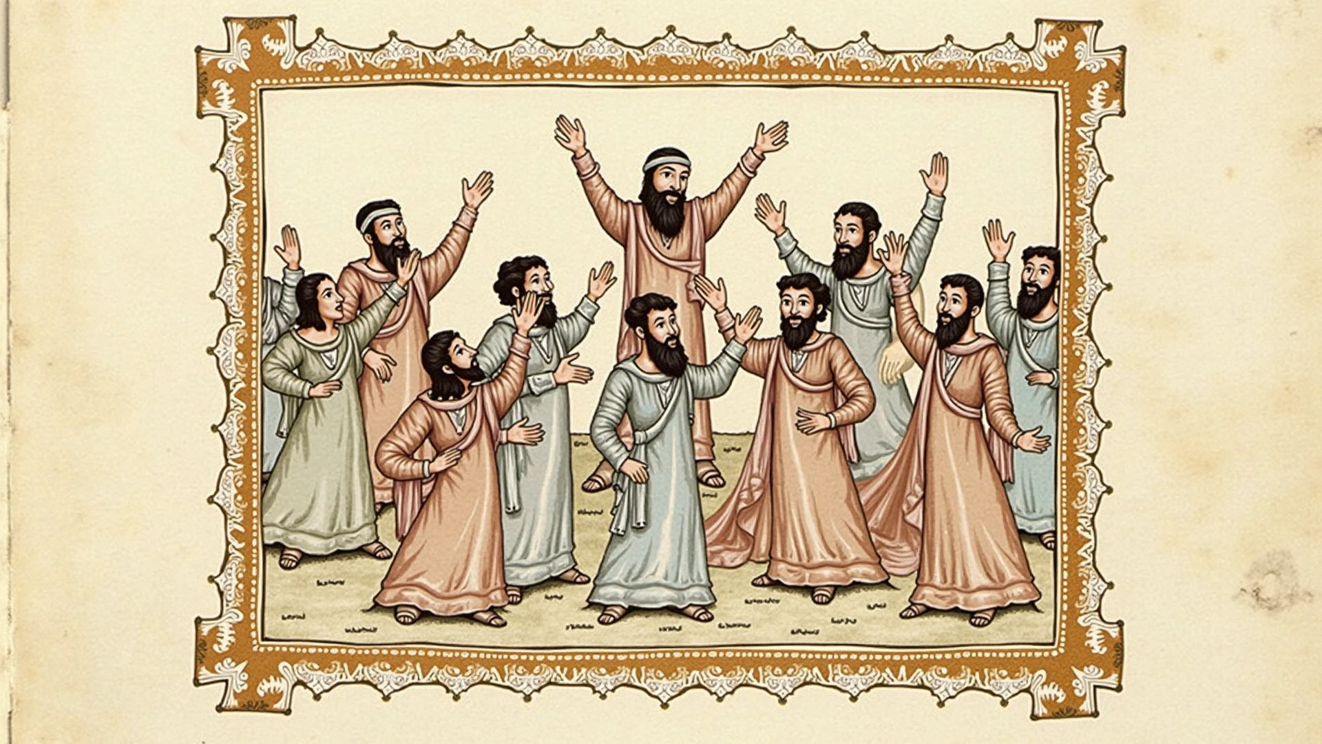 Create a watercolor image where 7 men with tzitzit dance while another blows the shofar