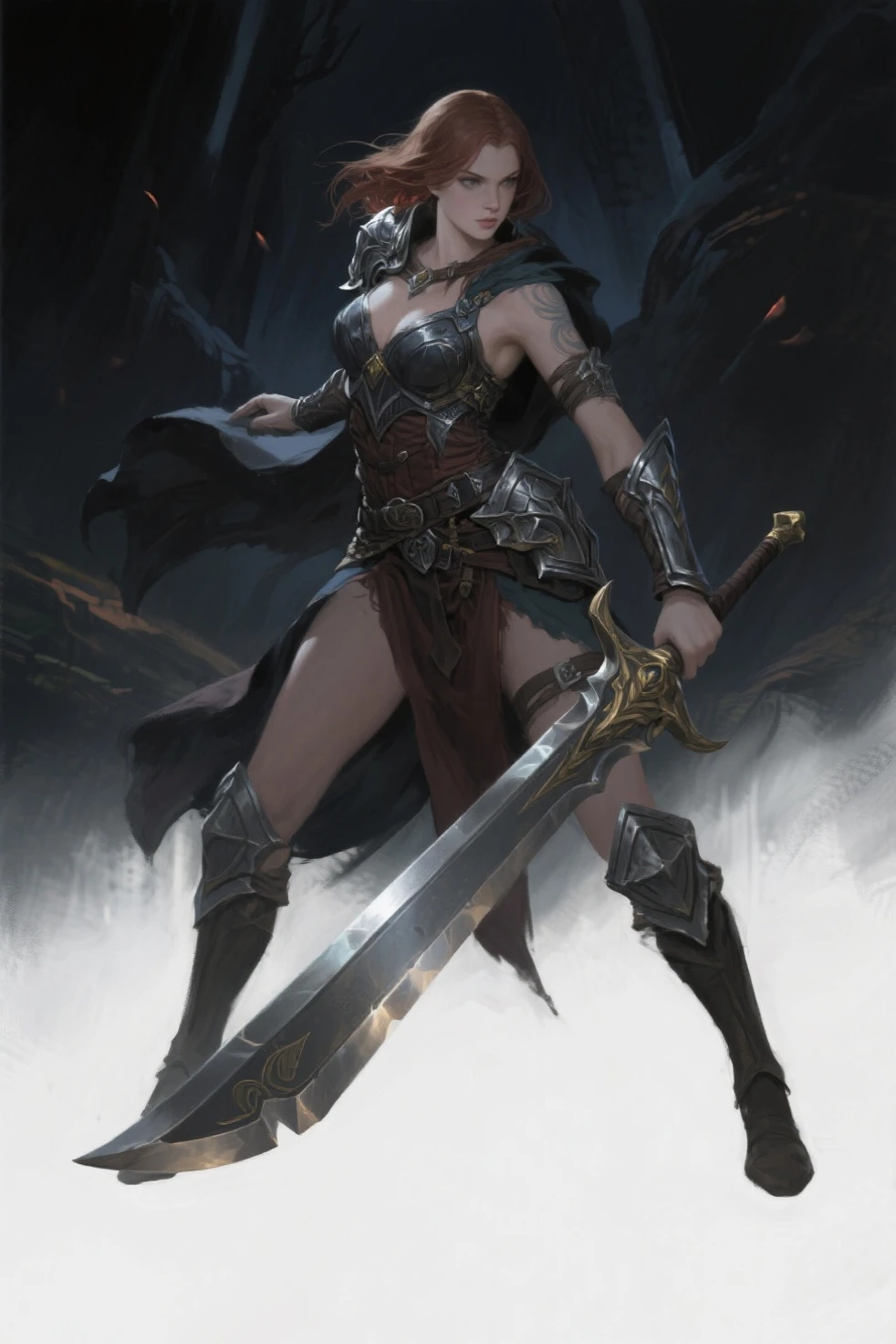 Full body shot, (photorealistic, realistic), masterpiece, absurdres, highres, high quality, ultra detailed, beautiful and aesthetic, horror (theme), 1girl, dynamic pose, shiny skin, (holding weapon), enchanted armor, ancient, intricate details, expressive drips, (energetic movement), (sense of depth), glowing aura, in the depths of a gloomy dungeon, illuminated by divine light, (perfect lighting), (mysterious scenery), magical lighting, skull, blood, blood splatter,