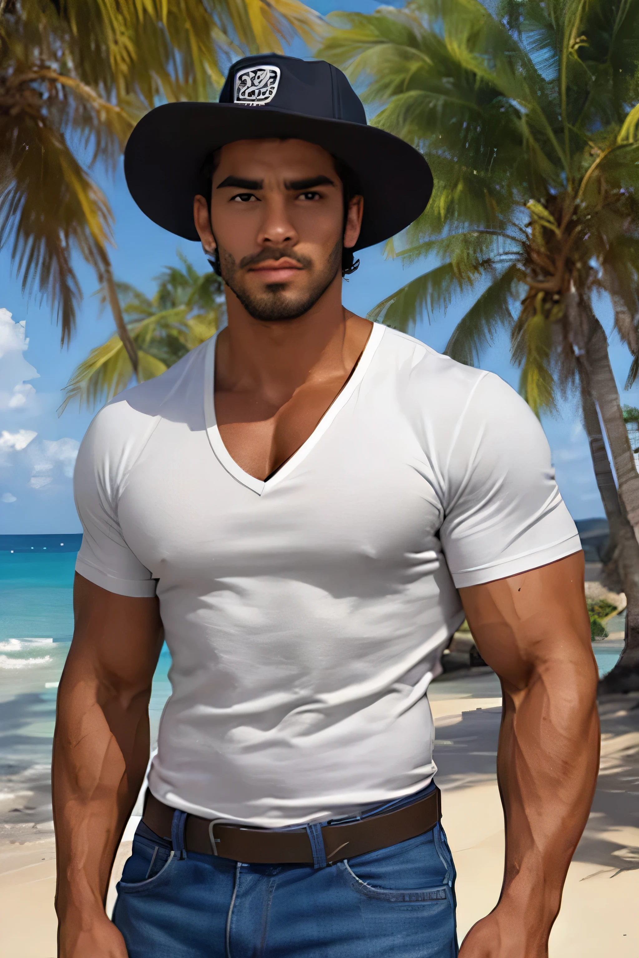 20 years old、USA Latino Hard Gay、Tom of Finlandの世界、Muir Cap(Hard Gay Hat)、Beautiful eyes、No tattoos 、Realistic Photos、Bad Regent、tanned skin、My eyes are hazel、hair is black、Skin Color Is Chocolate-based、Flashy Regent(Flashy Hairstyle with Defects Regent {x x} 1960s Tom Of Finland fashion)、Bad 1960s Hairstyle、ears don't spread left and right and are attached to the head、Not Permanent(absolute)、Natural Permanent Prohibited(absolute)、straight hair(Straight Hair)(absolute)、tight waist inverted triangle silhouette {x} has a thick, short, and firm round beard、eyes have strength、Tight Gaze、has a big nose、thick and straight nose、Bodybuilder(absolute)、Crude Man、Smokers、Defective Hairstyle Regent、Long face、I have a narrow face、wild face(absolute)、Manly and beautiful face、very broad shoulders、Close to horizontal from neck to shoulder、tight blue straight jeans、Very Thick Upper Arm、Stern face、straight and very thick eyebrows、eyelashes are thick and long,、I don't need a natural perm、I have eyesight、facing front、Wild face、Long face、hairstyle like the protagonist of the movie Grease、I don't like women、red bandana on the back pocket of the jeans、white cutter shirt、wearing a black leather jacket on bare skin、Background is Hawaii Coast、Bright Tropical　