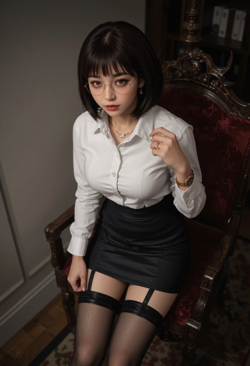 a 30 yo elf woman, wearing elegant sexy corporate clothes (hi-top fade:1.3), sitting dominantly in office chair, facing the camera, full body shot, long hair,dark theme, soothing tones, muted colors, high contrast, (natural skin texture, hyperrealism, soft light, sharp),