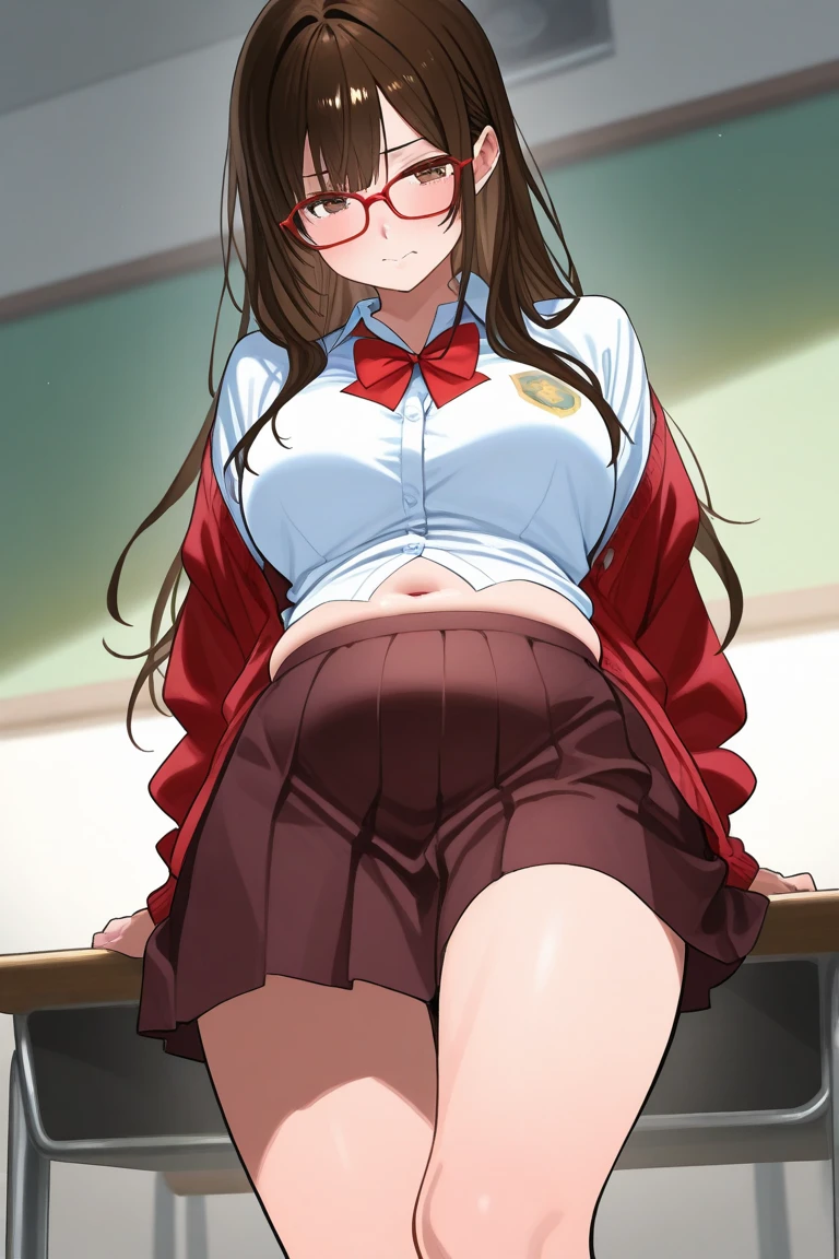 ((Tabletop, highest quality, High resolution, , Pixel perfect, 4K,))), 1 female teacher, single, alone, beauty、The whole body is visible、 ((Long Wavy Hair, bangs, Brown Hair)), ((Brown eyes, Beautiful eyelashes, Realistic eyes)), ((Detailed face, Blushing:1.2)), ((Smooth texture:0.75, Realistic texture:0.65, Realistic:1.1, Anime CG Style)), Big Breasts, Dynamic Angle, Perfect body, (( , , Santa Claus Cosplay Hat、 Santa Claus Cosplay Sweater,Floral lace panties 、)), 、、Very embarrassing panic smile, 、、classroom、Sit at a desk、Spread your legs、、Touch your crotch with both hands、No bra、Nipples are visible 、Angle from below)、