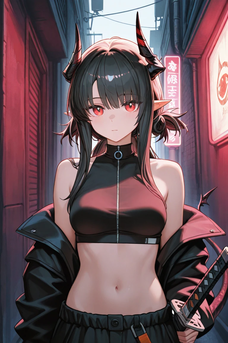 best quality, masterpiece, 1 girl, devil girl, smiling, (red colored skin:1.2), (bright red eyes:1.3), (black devil horns:1.4), long hair with bangs, tattooed body, black and red bikini with cloak, (standing in cyberpunk style cafe:1.3), view of the city from window, (medium breast, under boobs:1.2), CyberpunkAI, neon