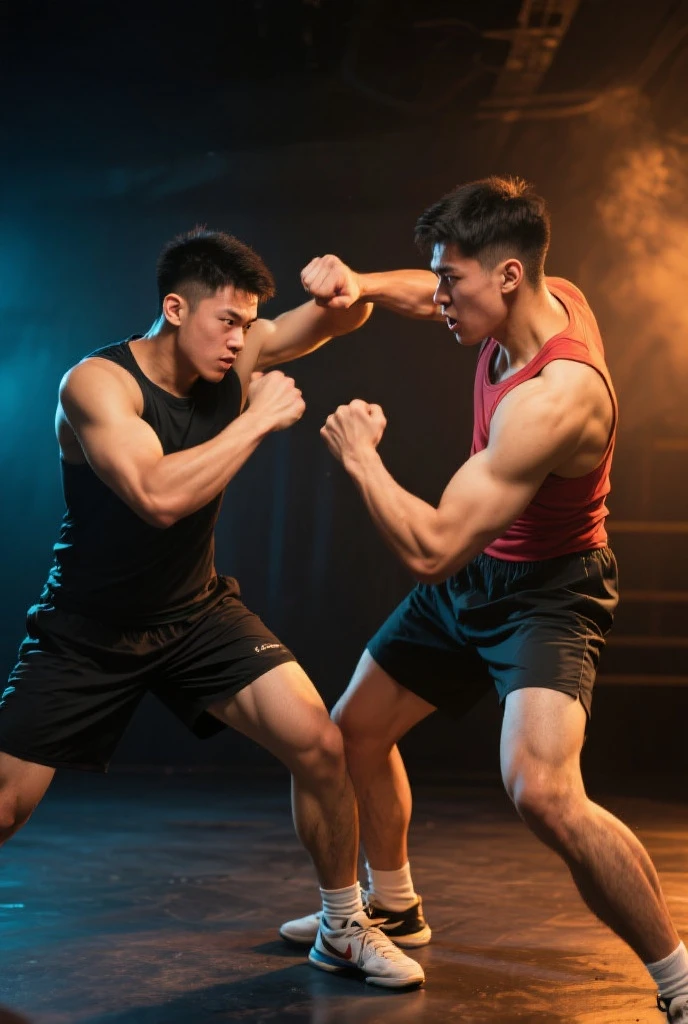 Two men, a very tall very fit serious athlete fighting a short scrawny slim meager thin twinky in black shirt afraid of him, at abandoned basement