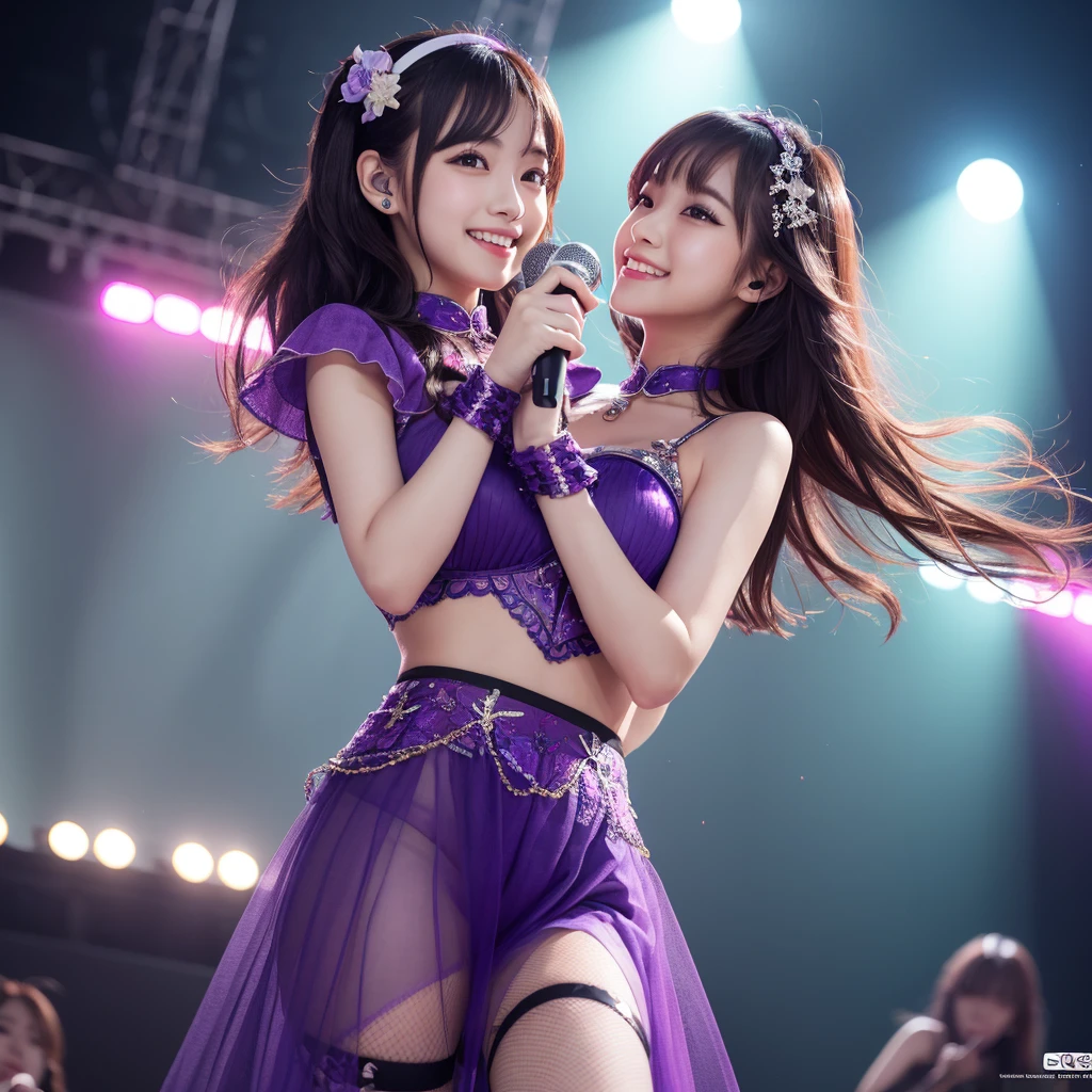 two cute girls with perfect bodies: 1.4, wrestling tag team,same outfit,14years, 2,(Lori,lacy fabric,onepiece swimsuit, Very small breasts), Stand in the ring of professional wrestling,extremely detailed face and skin, Detailed eyes, Double eyelids, Grinning smile,stand a little apart,knee high socks,Lori,Lace gloves,Black straight hair,white hairband,Nogizaka46