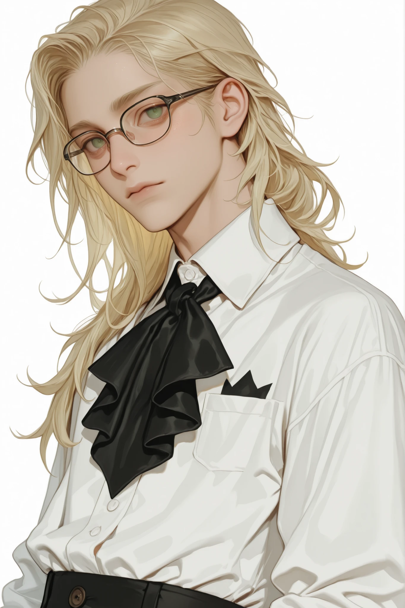 A 23 year old young white man with waist-long blonde hair and green eyes wearing glasses and a white shirt with a black cravat , white background