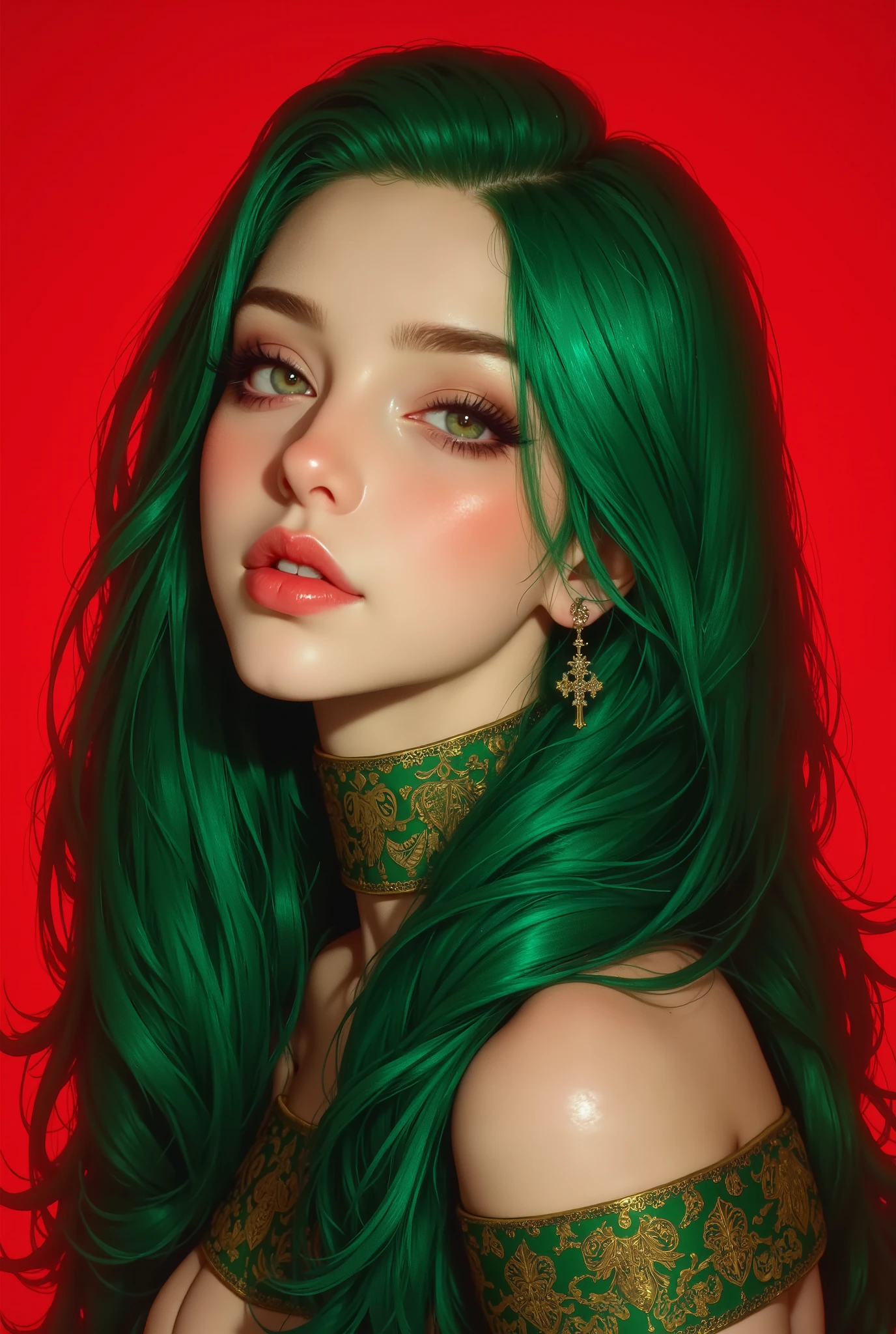 21yo girl, green hair, red background,