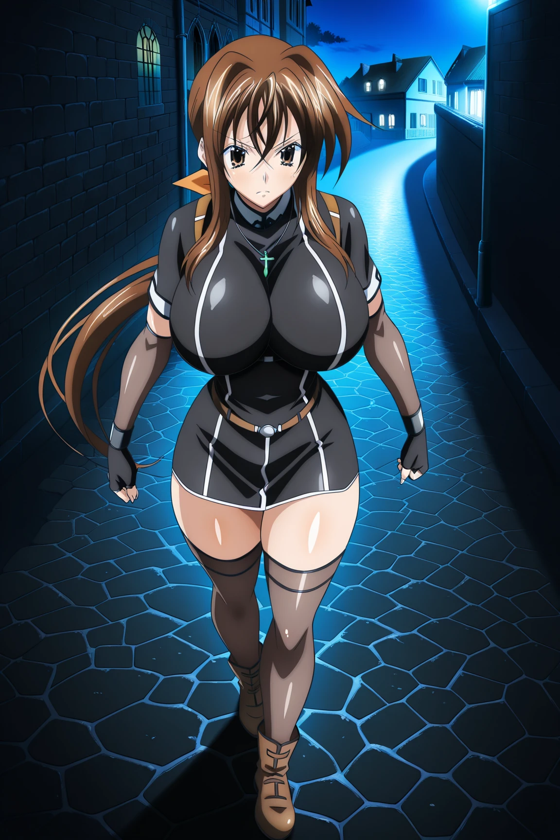 masterpiece, best quality, extremely detailed, 1girl, mature female, solo, (dark brown skin:1.6), rias gremory dxd, ((huge breasts:1.2)), ((red hair, ahoge, ponytail, aqua eyes)), parted lips, ((outfit-blackgh, black gloves)), light smile, arms behind head, rooftop