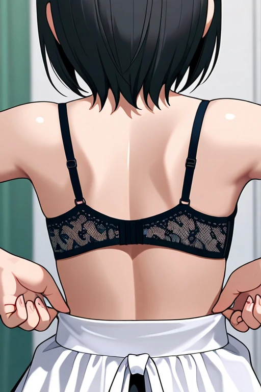 alone, One girl, View your viewers, 2D, anime, anime coloring, cowboy shot, (Pure white lace bra, Pure white lace panties), Cat, medium breast, Crying face, back view