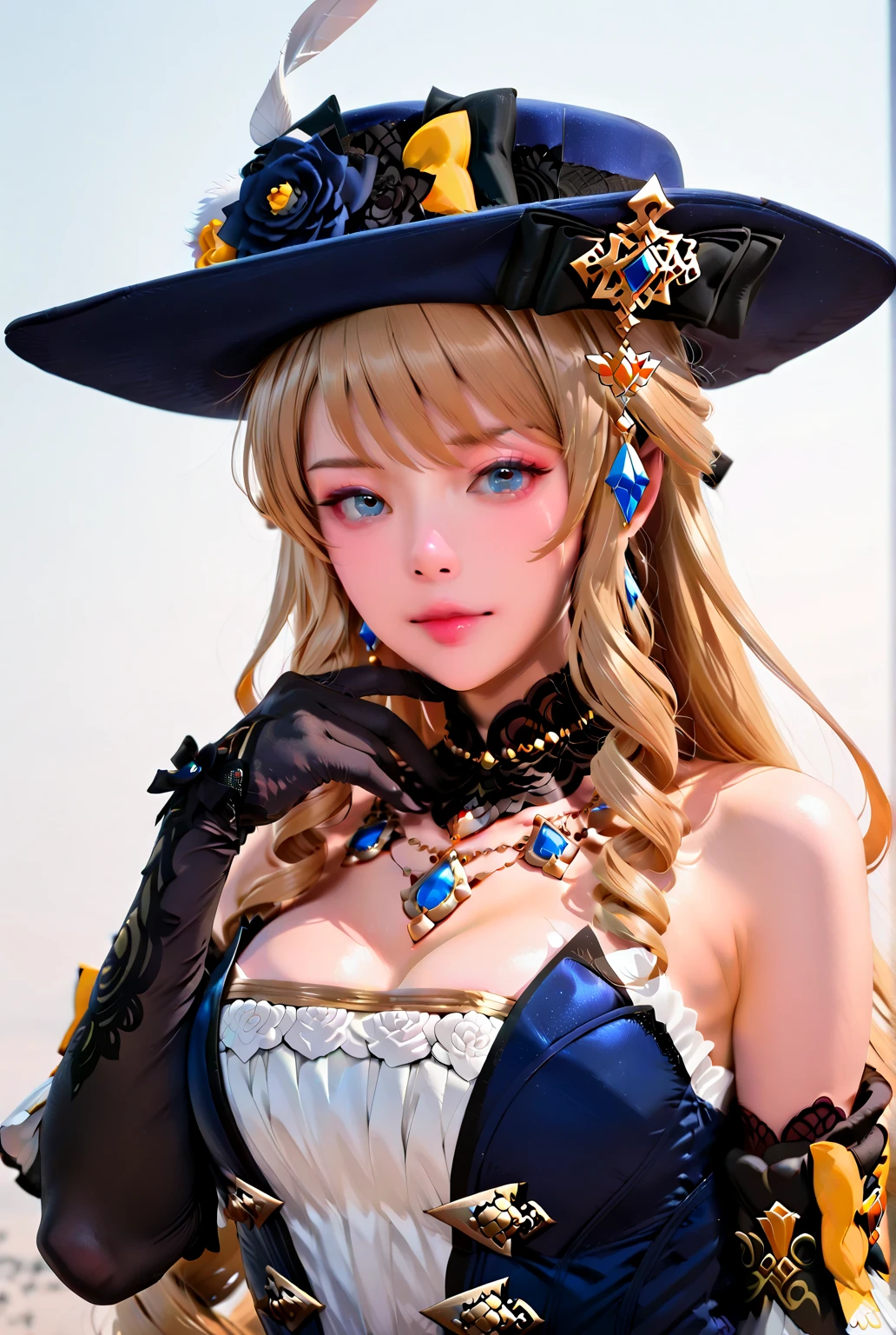 high resolution, highest quality, super high quality, super detail, ultra realistic, photorealistic, anime, illustration, fantasy, Northern Renaissance style, super cute witch, mysterious, enchanting, big blue eyes, updo braided hair style,  blonde hair, huge breasts, perfect proportion, full body, black long skirt maid outfit and veil, black pantyhose, background Northern Renaissance style, kaleidoscope, royal palace