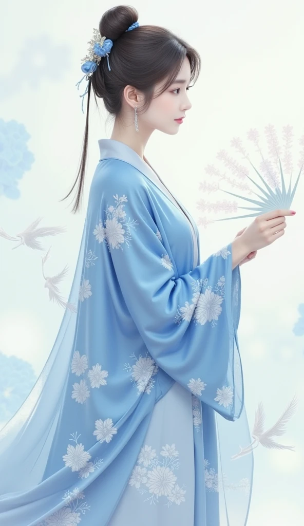 ((4k,masterpiece,best quality)), shuimobysim, Traditional chinese painting, lotuses,Transparent Hanfu, maxiskit, Dress conservatively 1girl, solo, blue long hair, ssmile, standing on your feet, Feet in the water, The barefoot,
